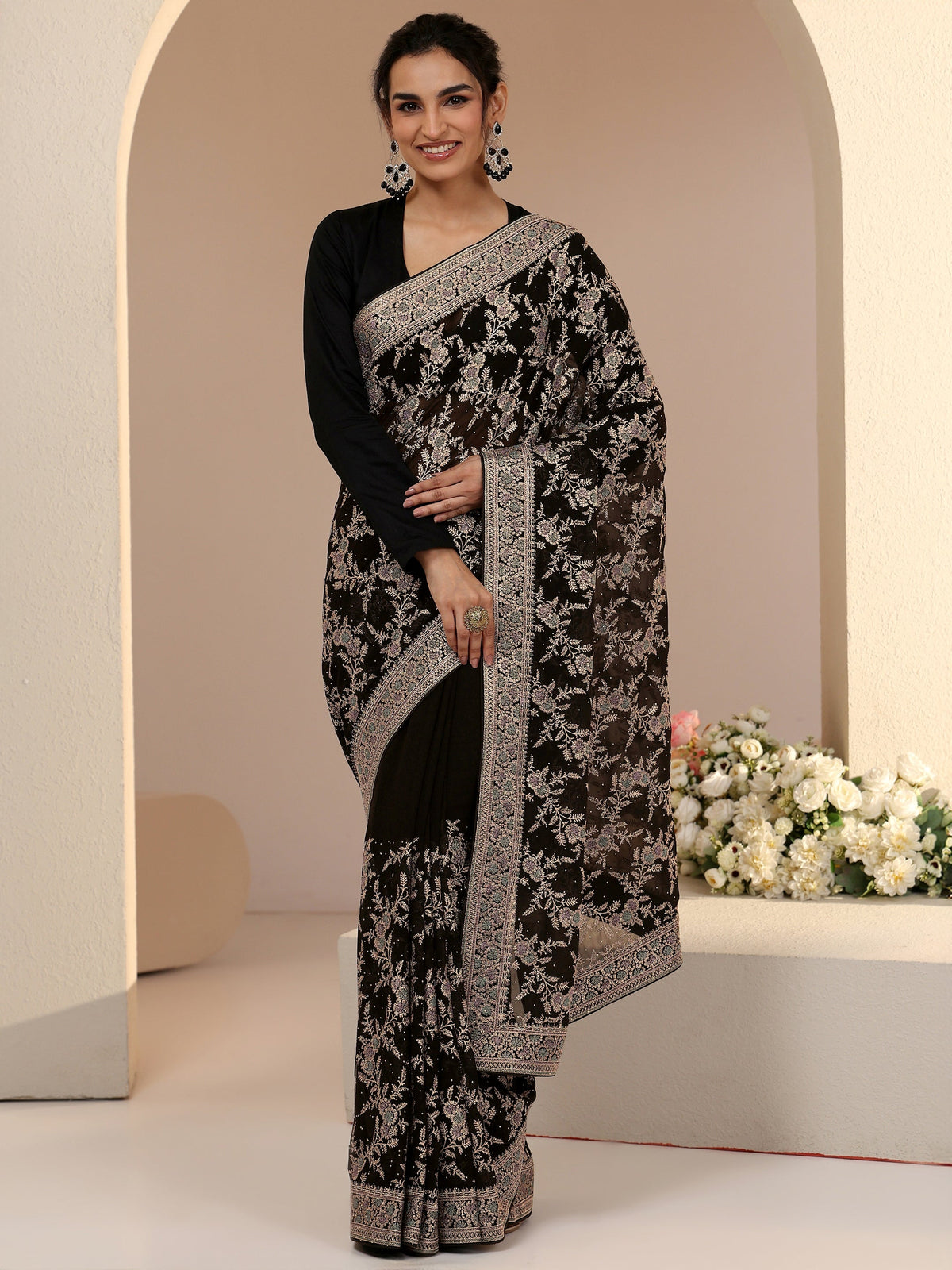 Anouk Black Floral Embroidered Georgette Saree