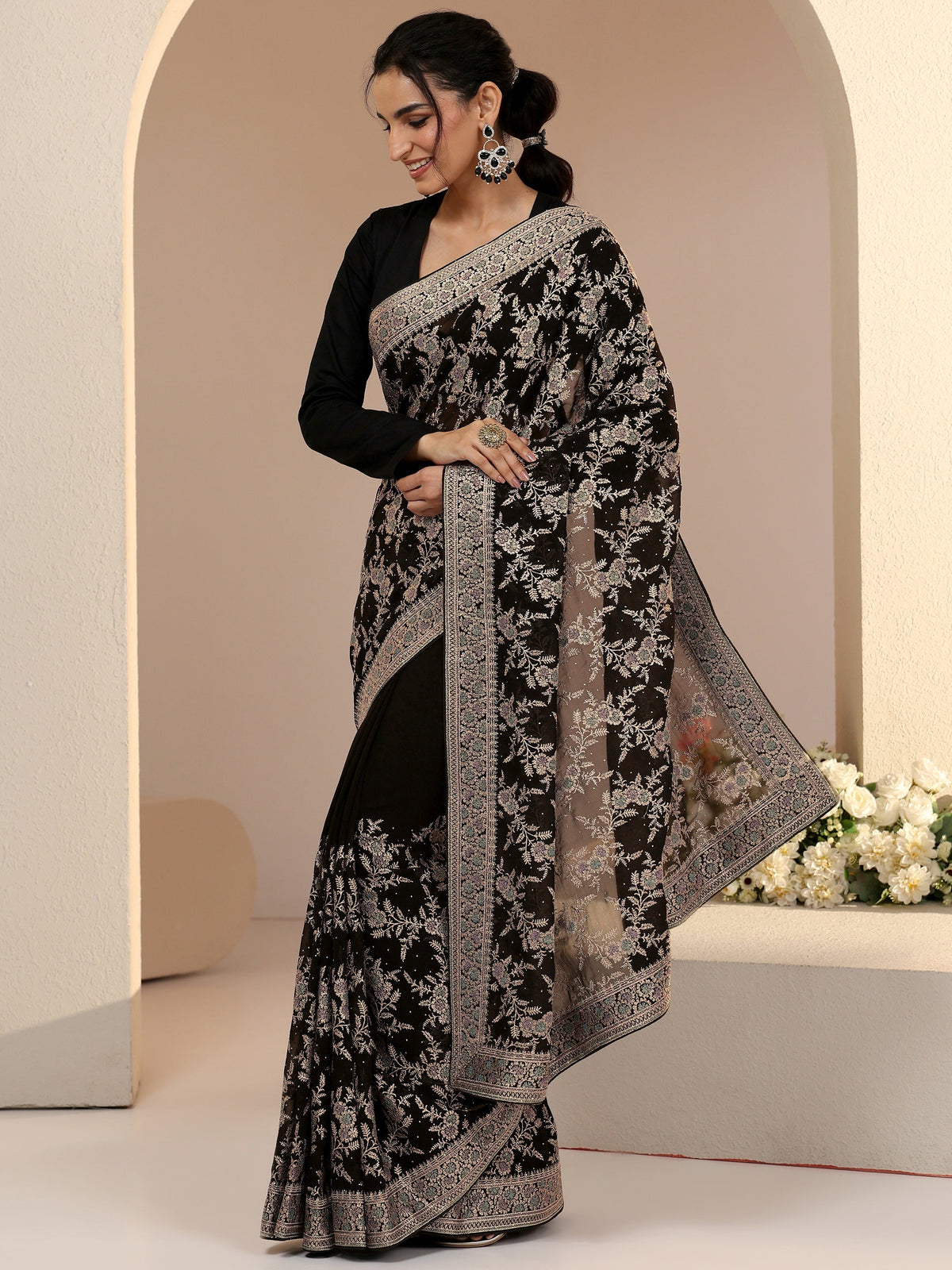 Anouk Black Floral Embroidered Georgette Saree