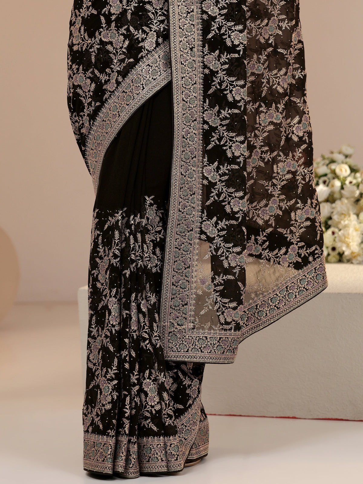 Anouk Black Floral Embroidered Georgette Saree