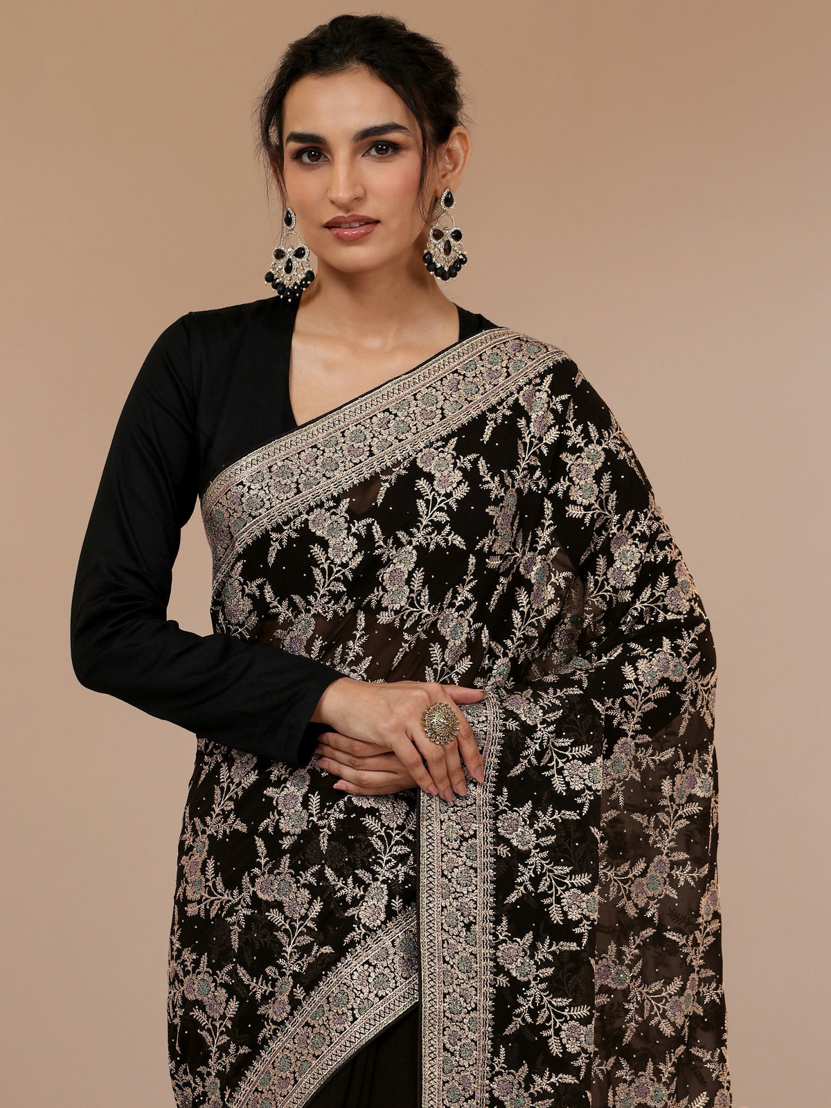 Anouk Black Floral Embroidered Georgette Saree