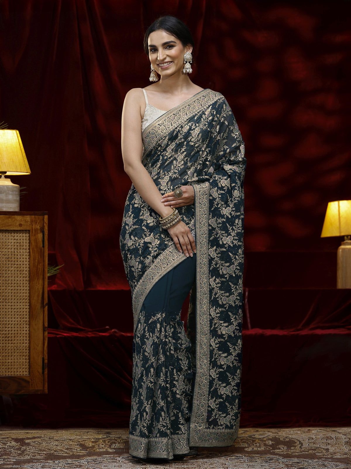Anouk Blue Floral Embroidered Georgette Saree