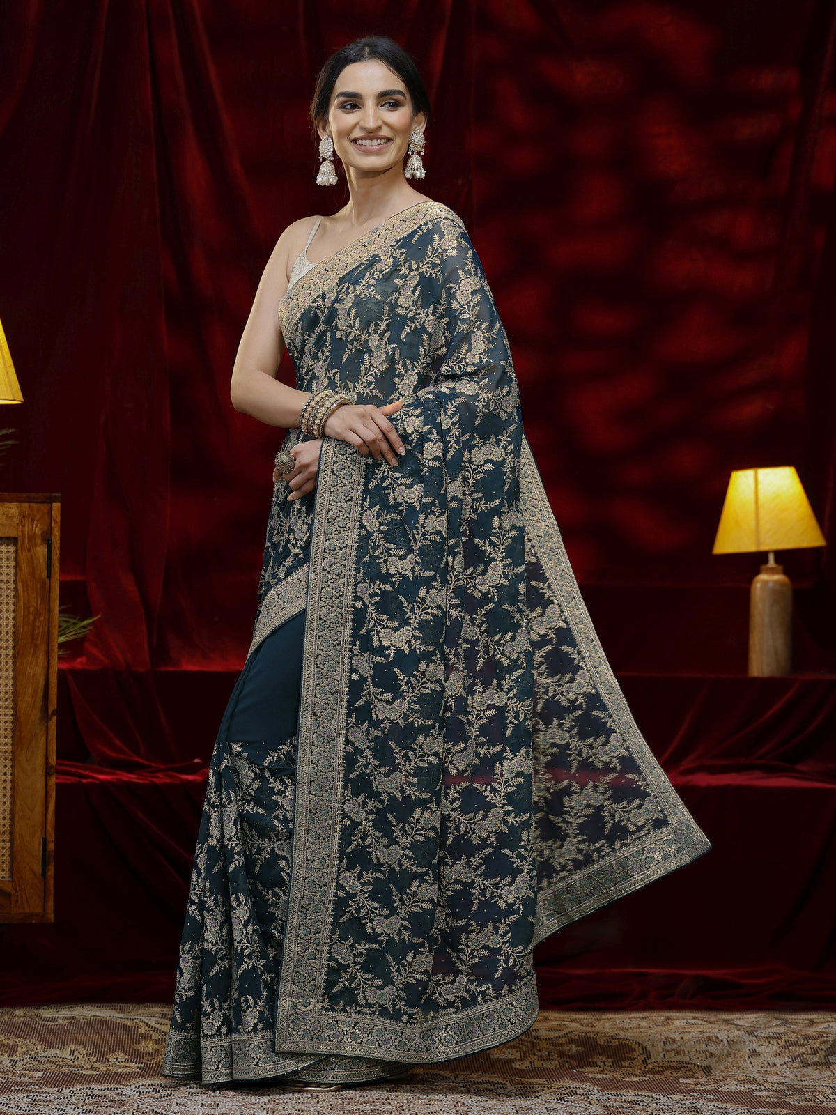 Anouk Blue Floral Embroidered Georgette Saree