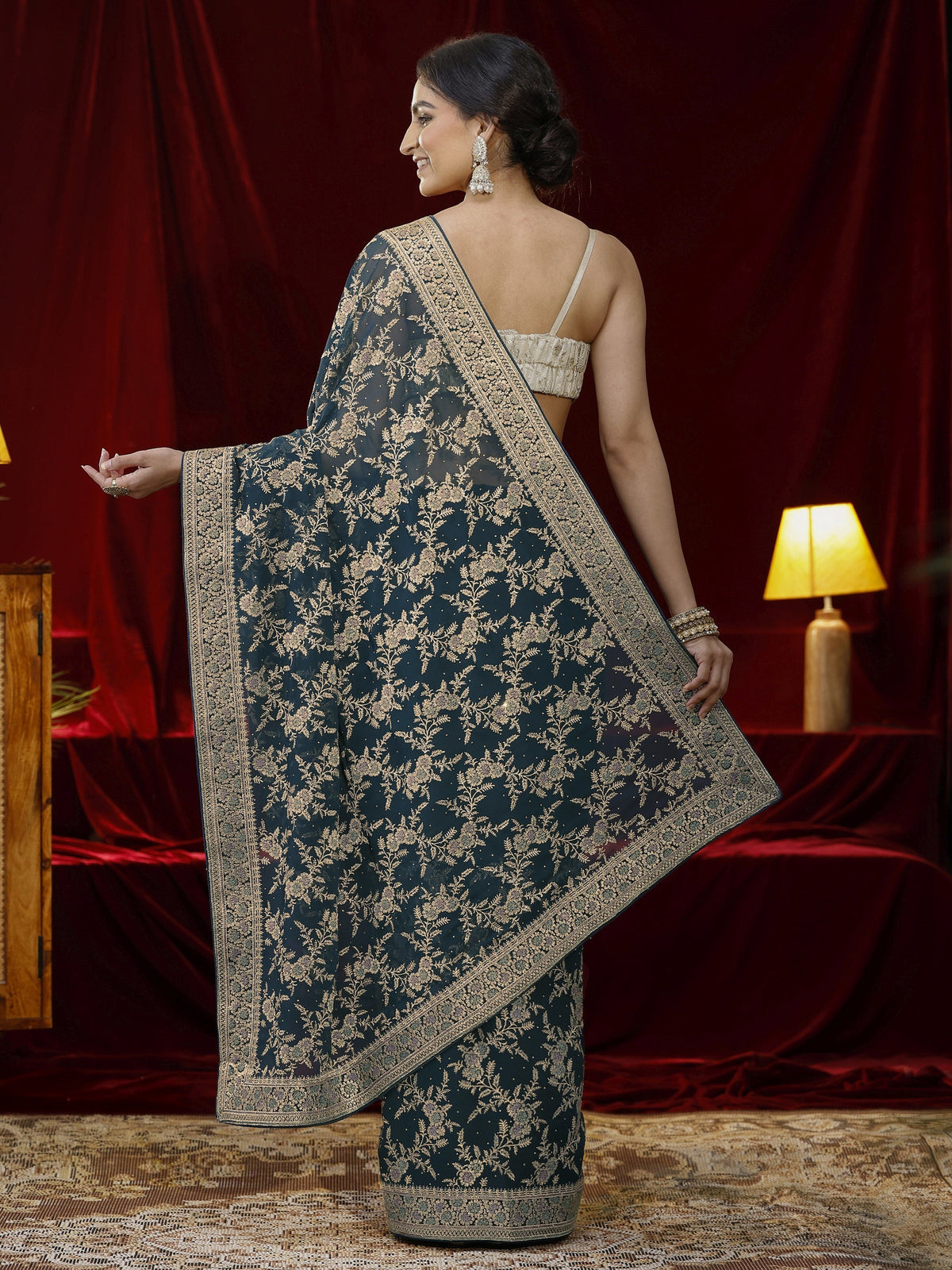 Anouk Blue Floral Embroidered Georgette Saree