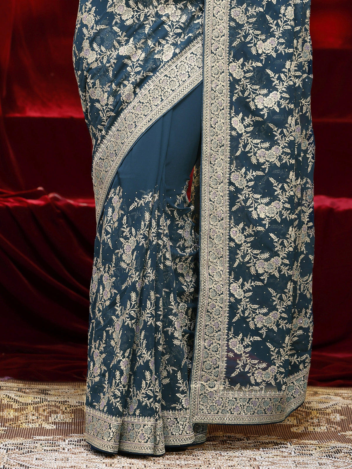 Anouk Blue Floral Embroidered Georgette Saree
