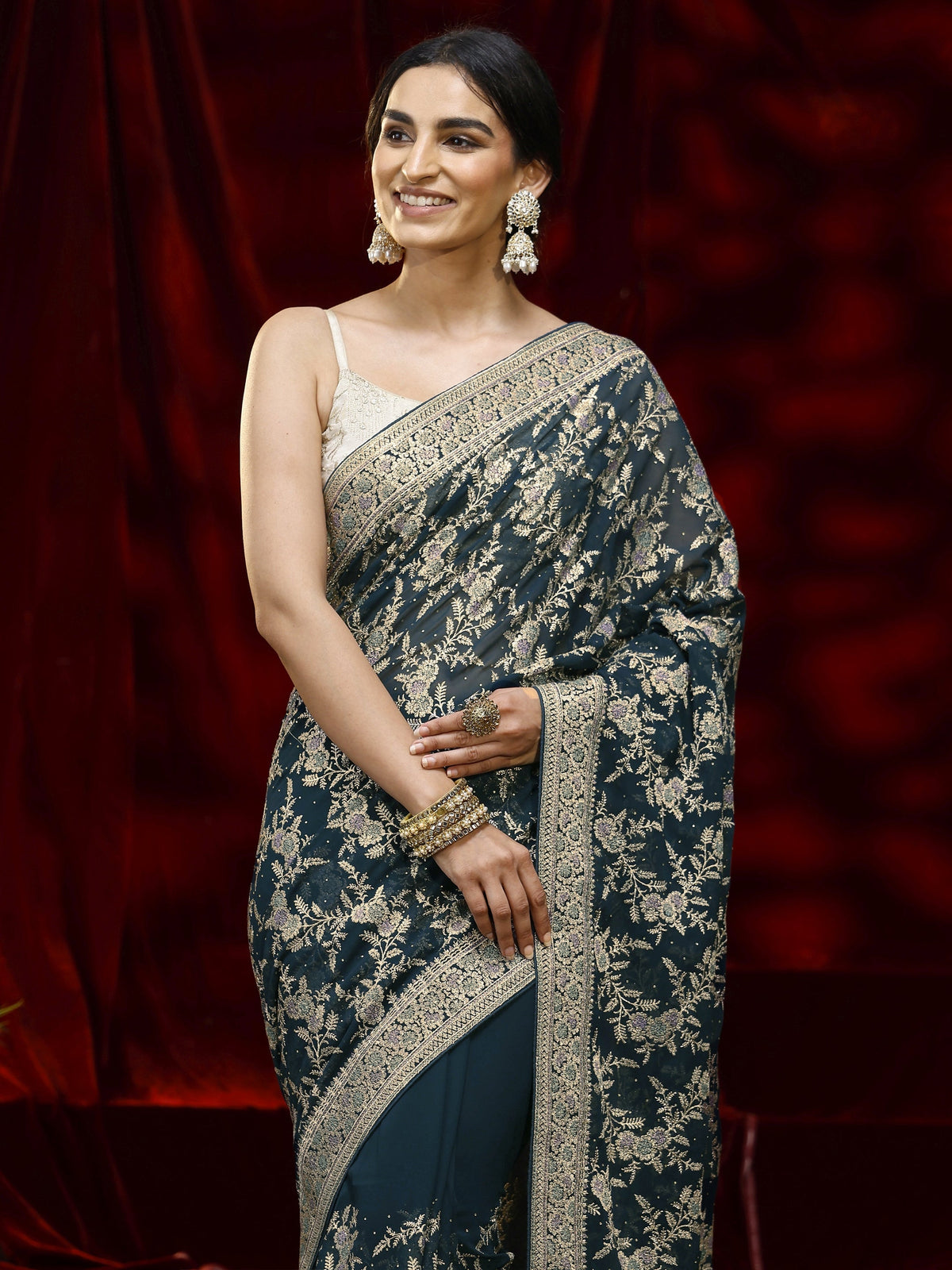 Anouk Blue Floral Embroidered Georgette Saree