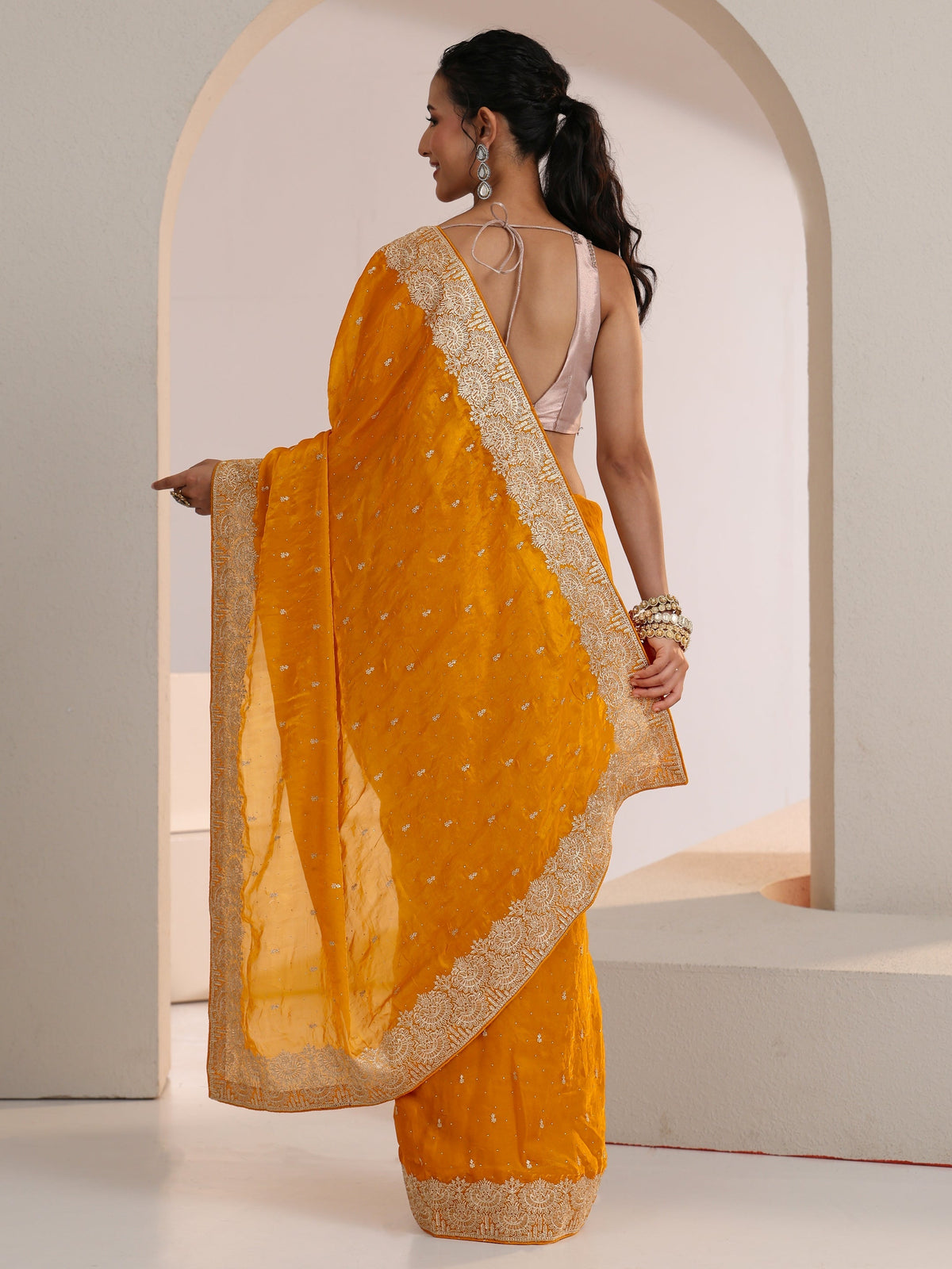 Anouk Golden Mustard Embellished Tissue Saree