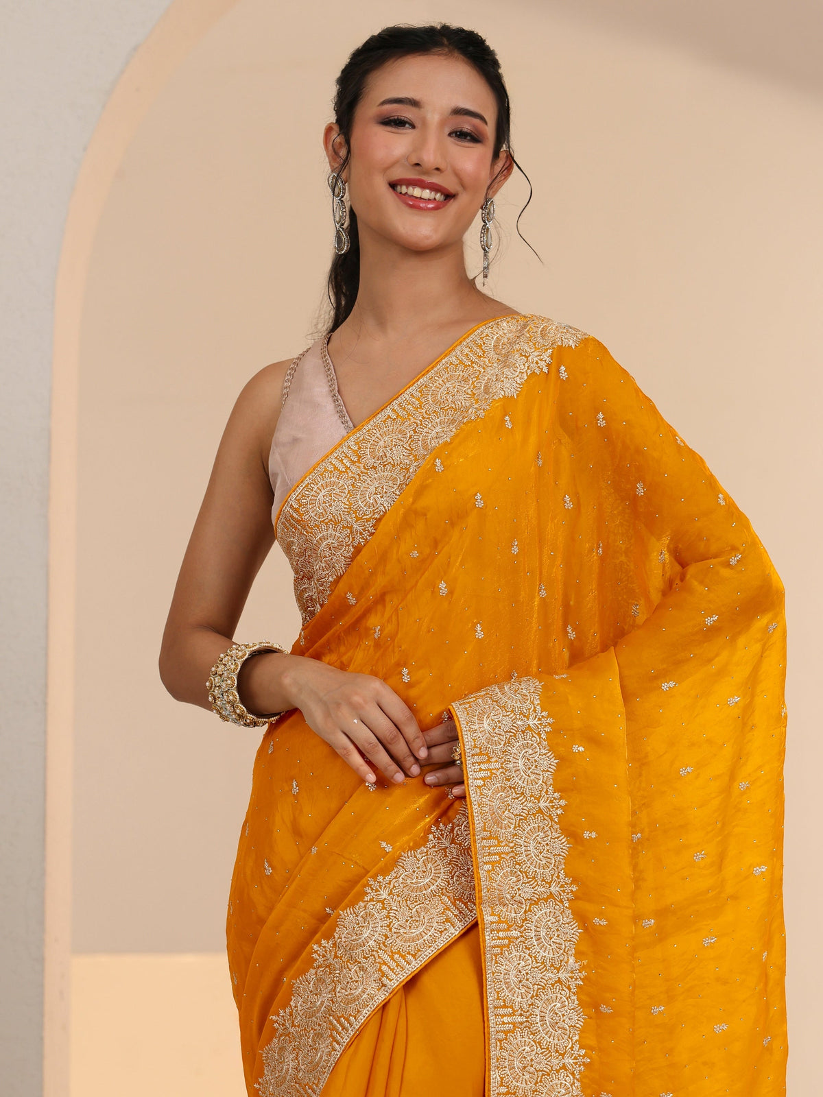 Anouk Golden Mustard Embellished Tissue Saree