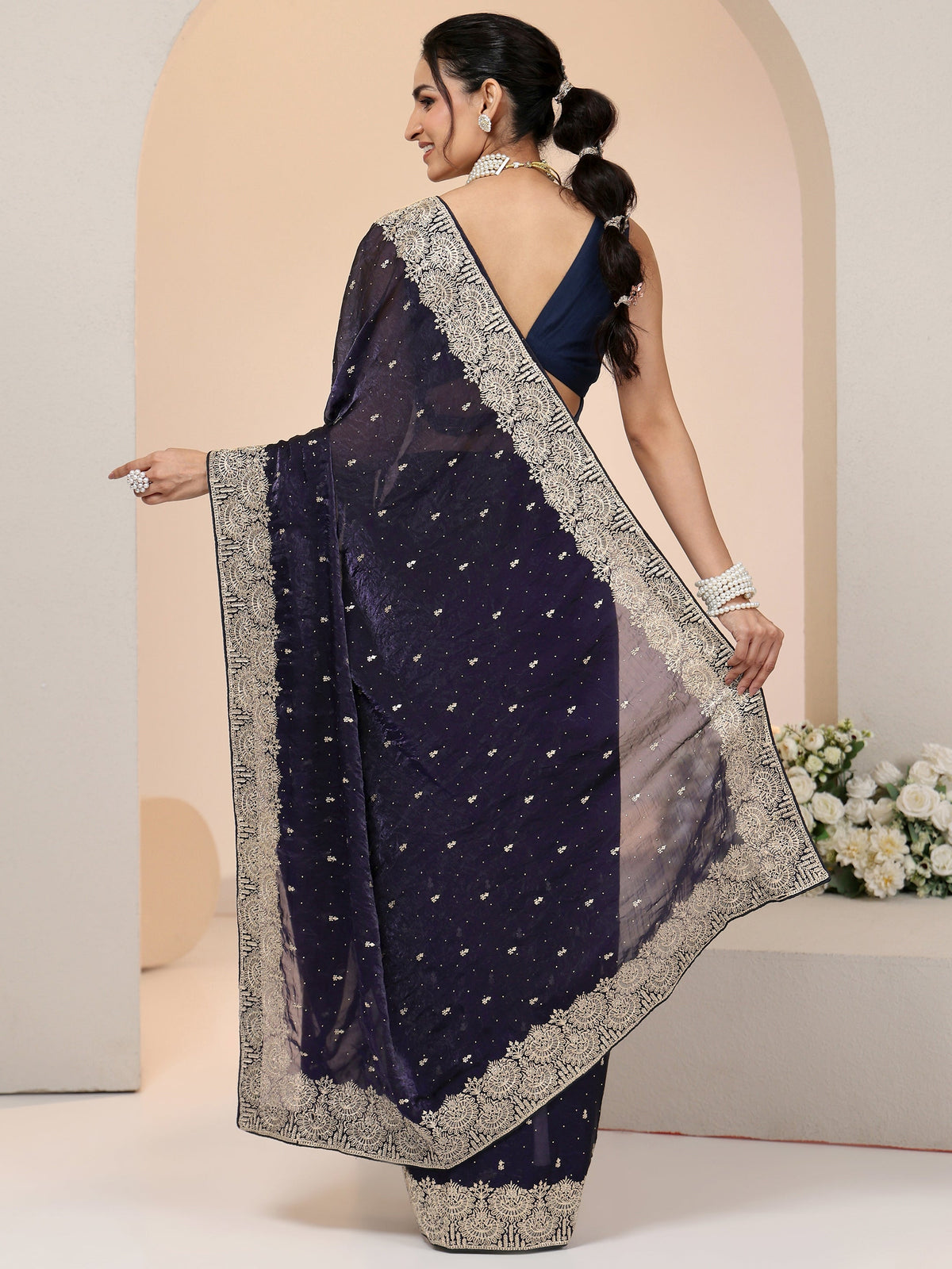 Anouk Dark Purple Embellished Tissue Saree