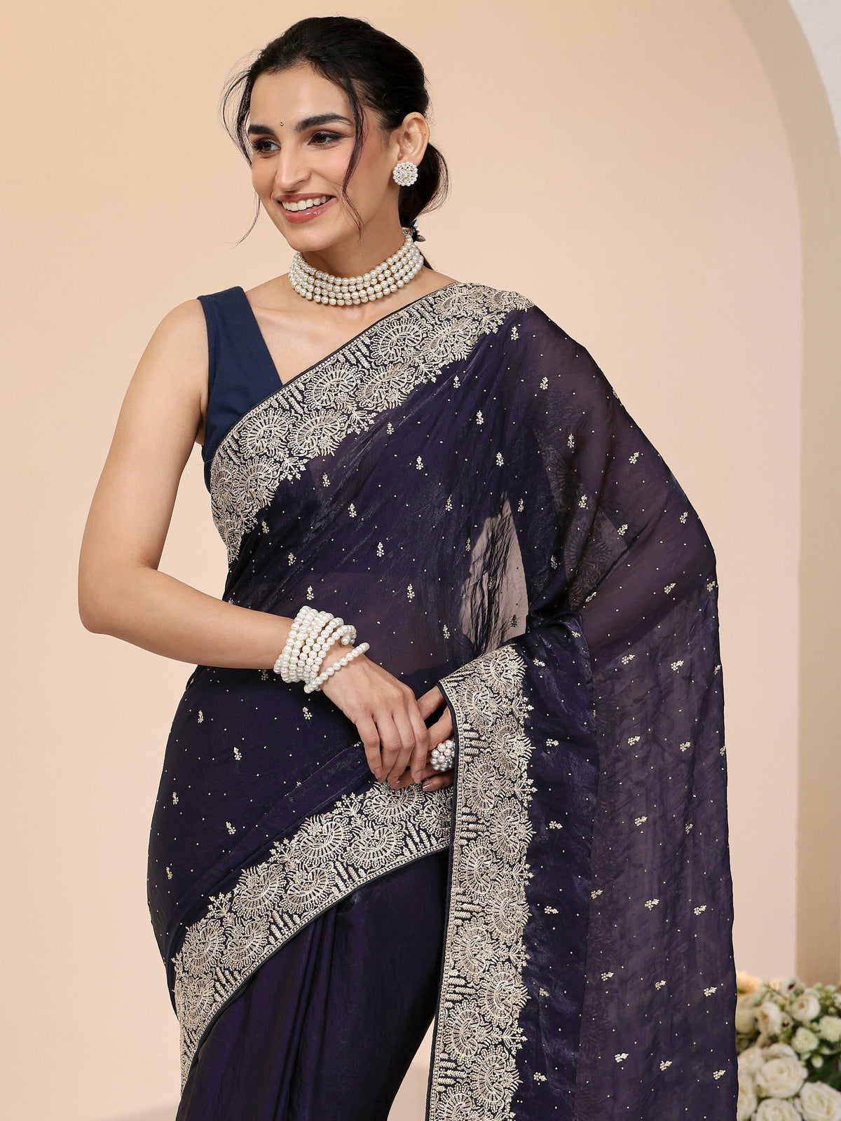 Anouk Dark Purple Embellished Tissue Saree