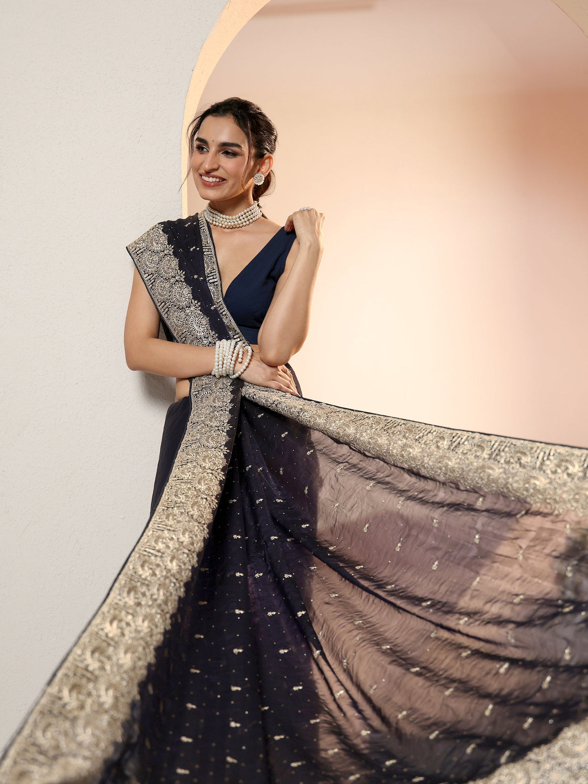 Anouk Dark Purple Embellished Tissue Saree