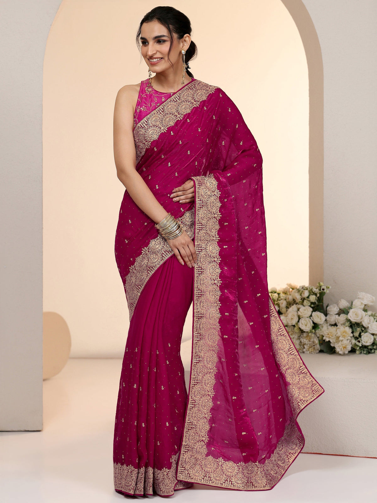 Anouk Magenta Pink Embellished Tissue Saree