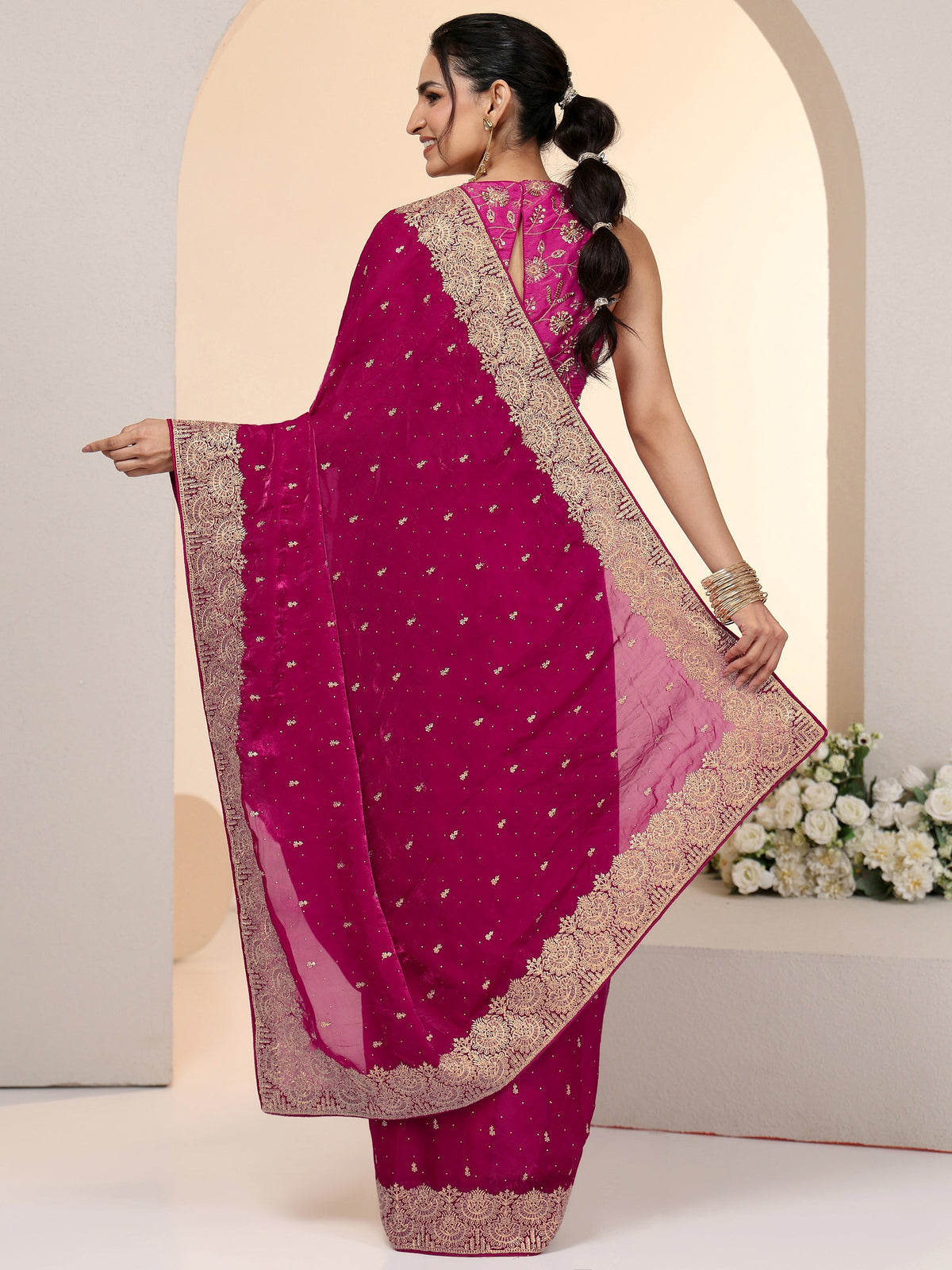 Anouk Magenta Pink Embellished Tissue Saree