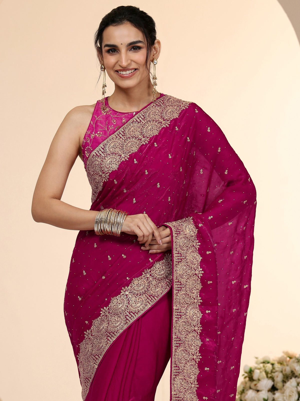 Anouk Magenta Pink Embellished Tissue Saree