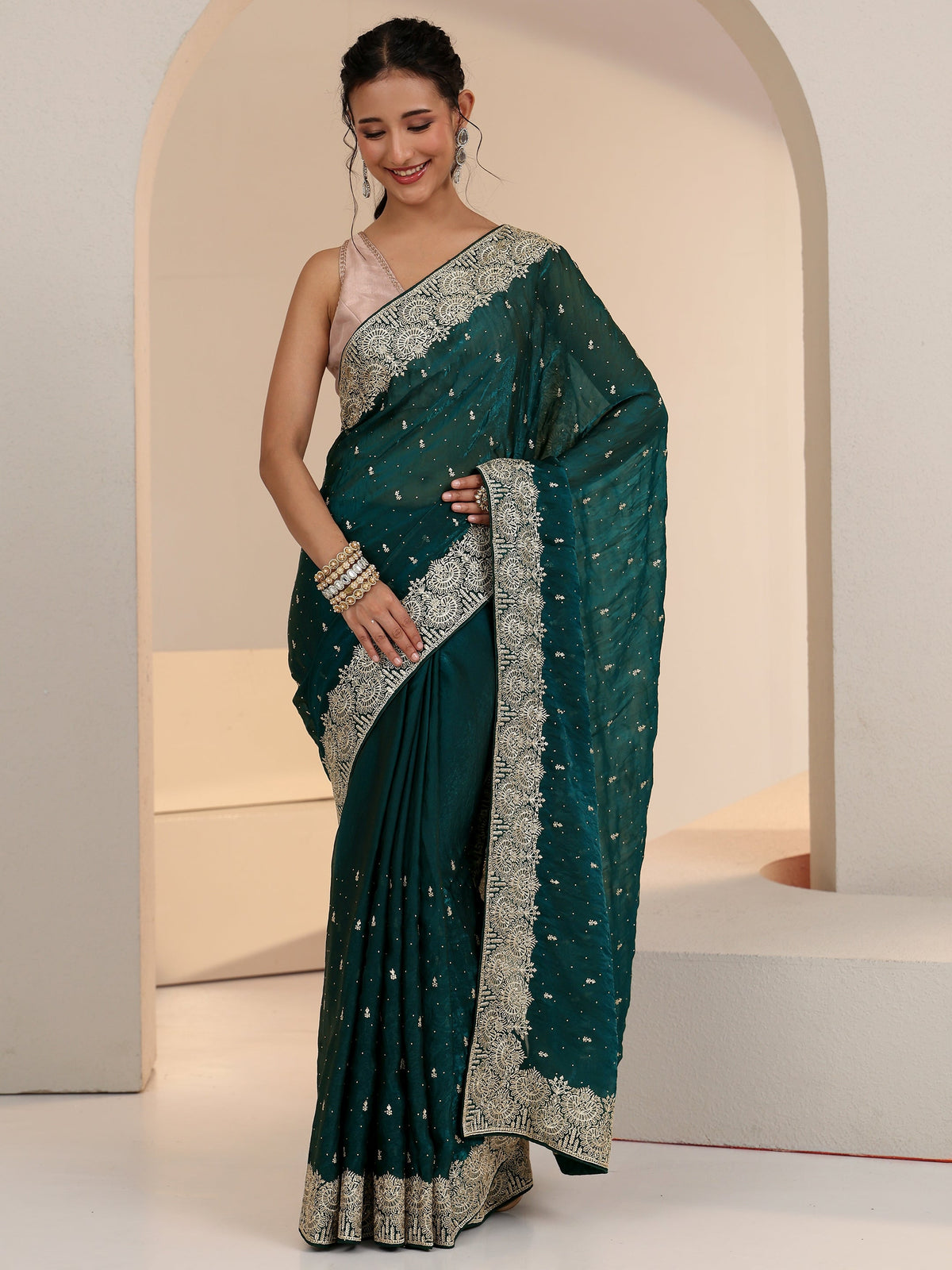 Anouk Teal Green Embellished Tissue Saree