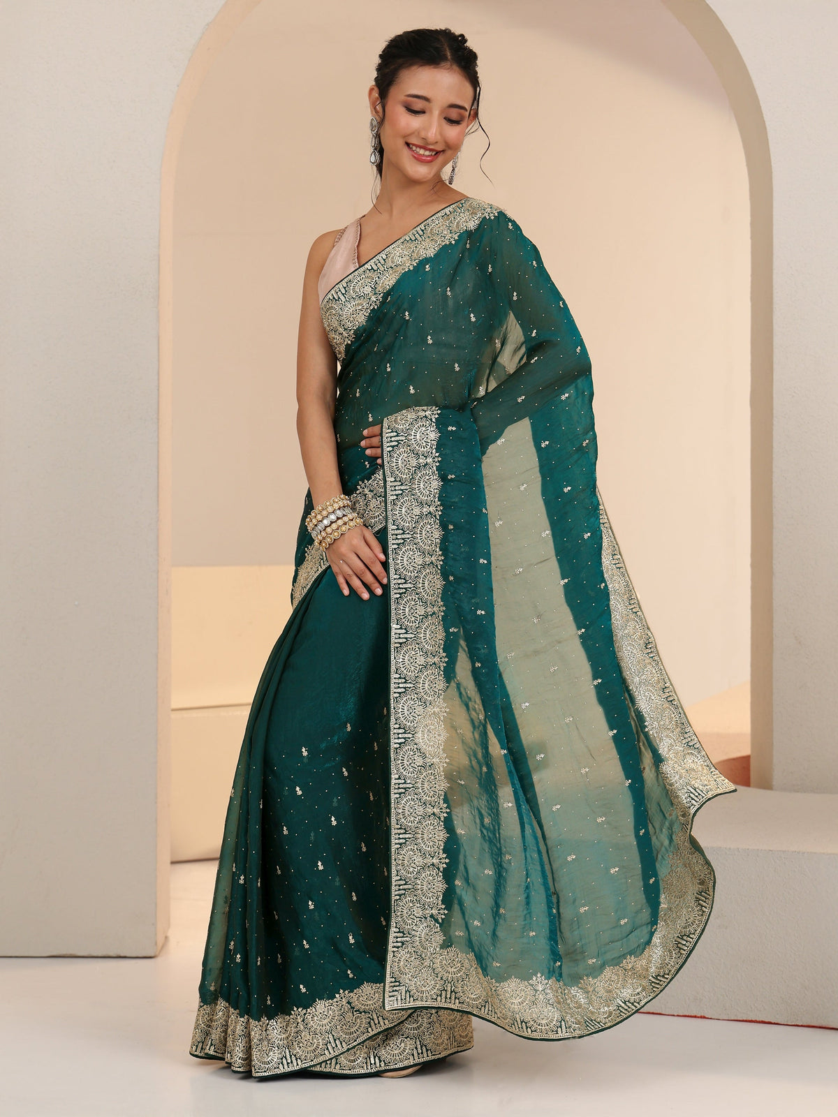 Anouk Teal Green Embellished Tissue Saree