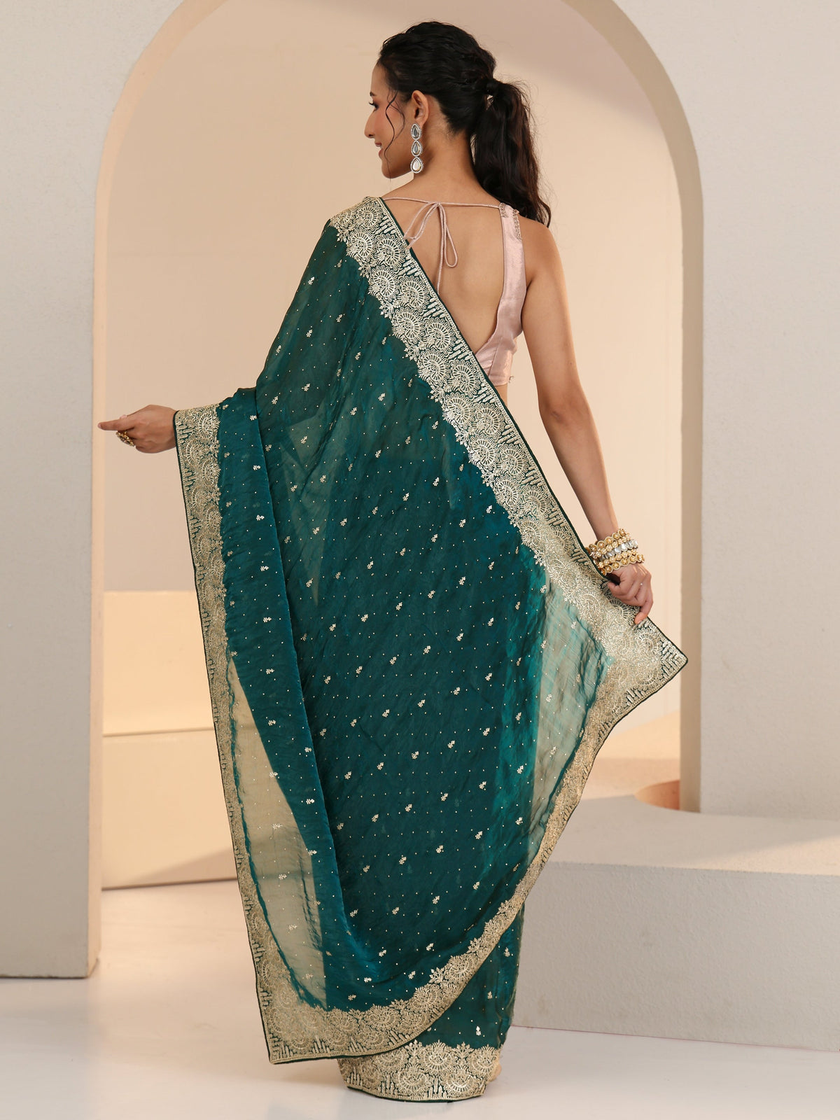 Anouk Teal Green Embellished Tissue Saree