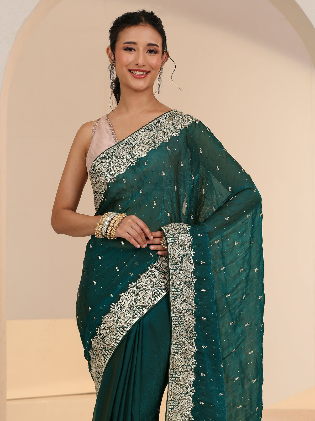 Anouk Teal Green Embellished Tissue Saree