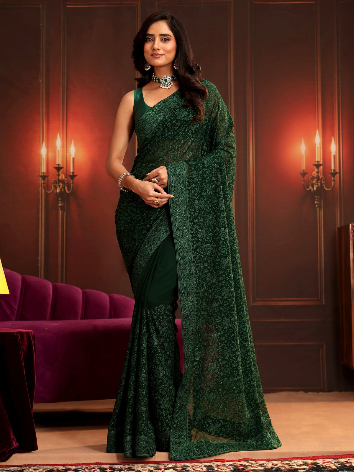 Anouk Art Bottle Green Embroidered Georgette Saree