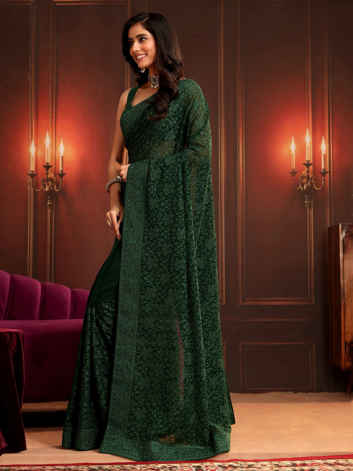 Anouk Art Bottle Green Embroidered Georgette Saree