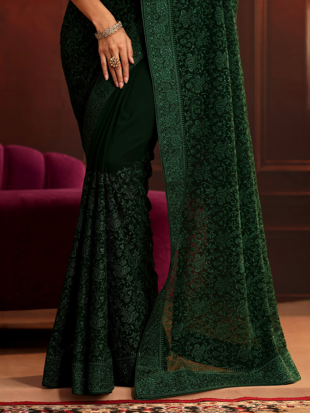 Anouk Art Bottle Green Embroidered Georgette Saree