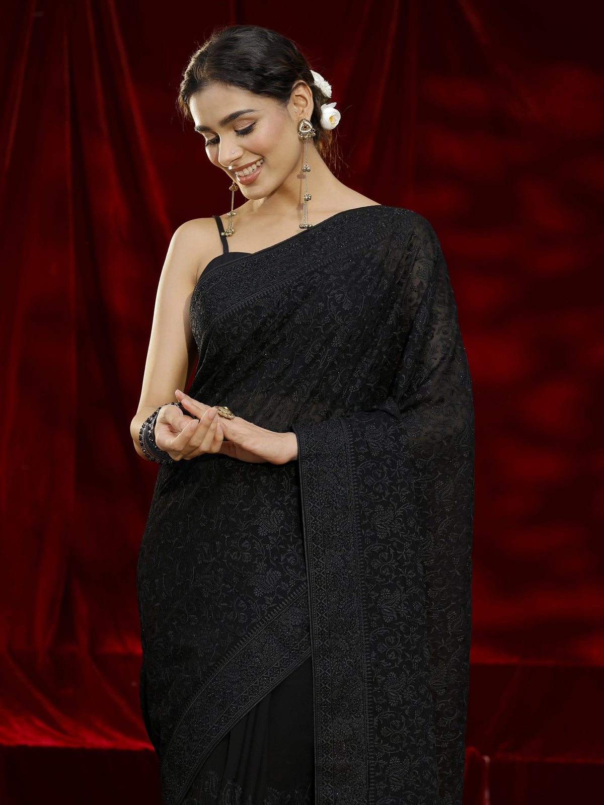 Anouk Art Black Floral Embroidered Georgette Saree