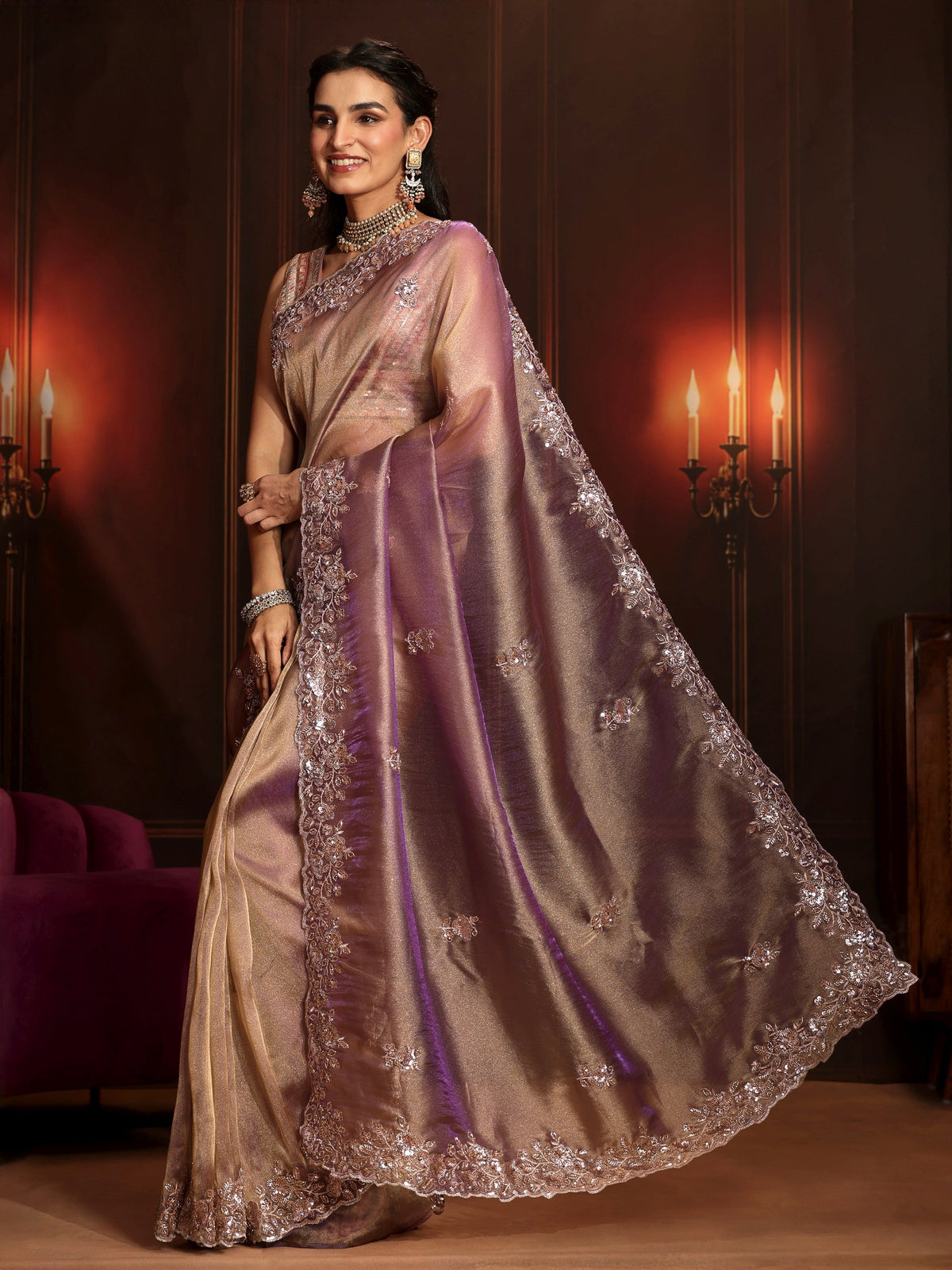Anouk Art Lavender Embellished Organza Saree