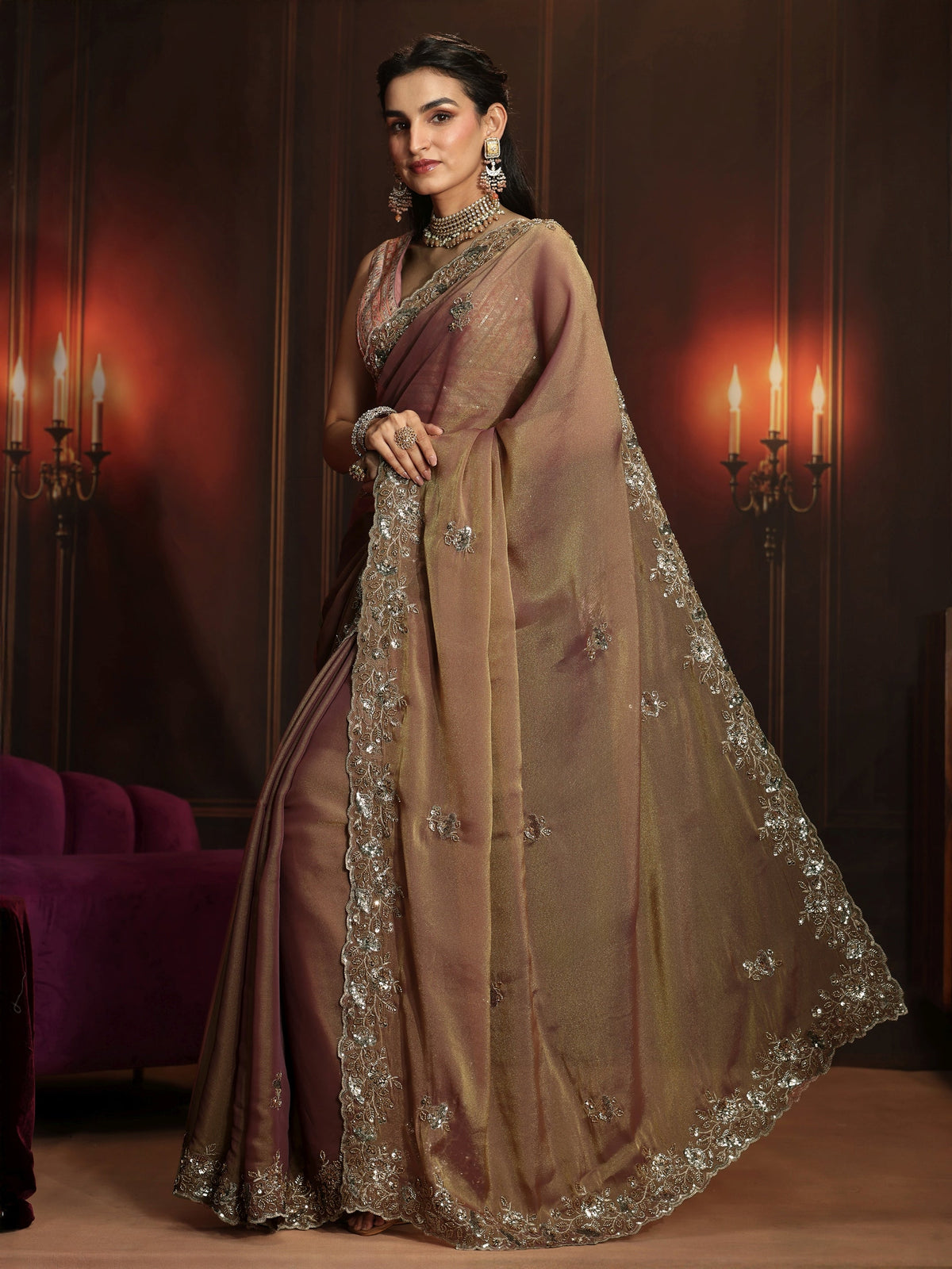 Anouk Art Dusty Peach Pink Embellished Organza Saree