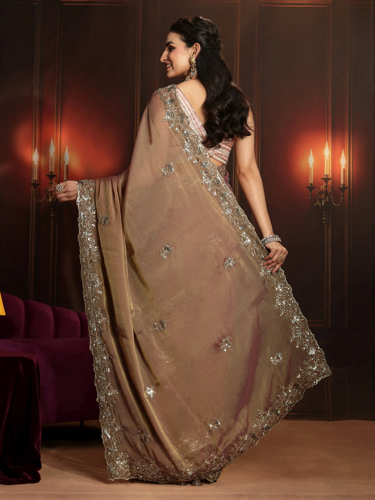 Anouk Art Dusty Peach Pink Embellished Organza Saree