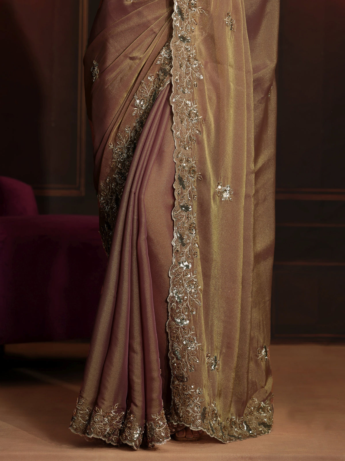 Anouk Art Dusty Peach Pink Embellished Organza Saree