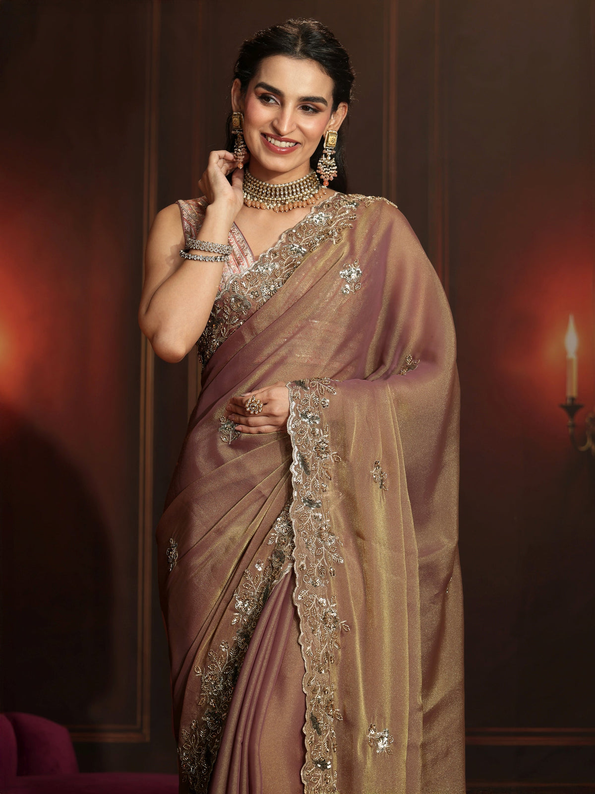Anouk Art Dusty Peach Pink Embellished Organza Saree