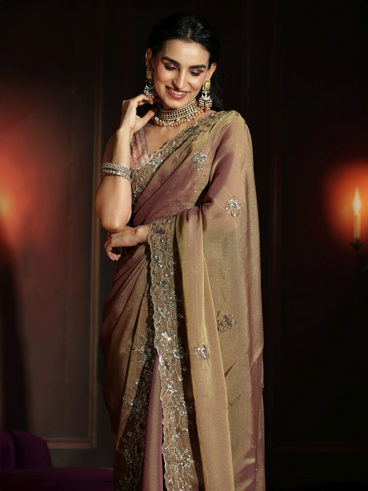 Anouk Art Dusty Peach Pink Embellished Organza Saree