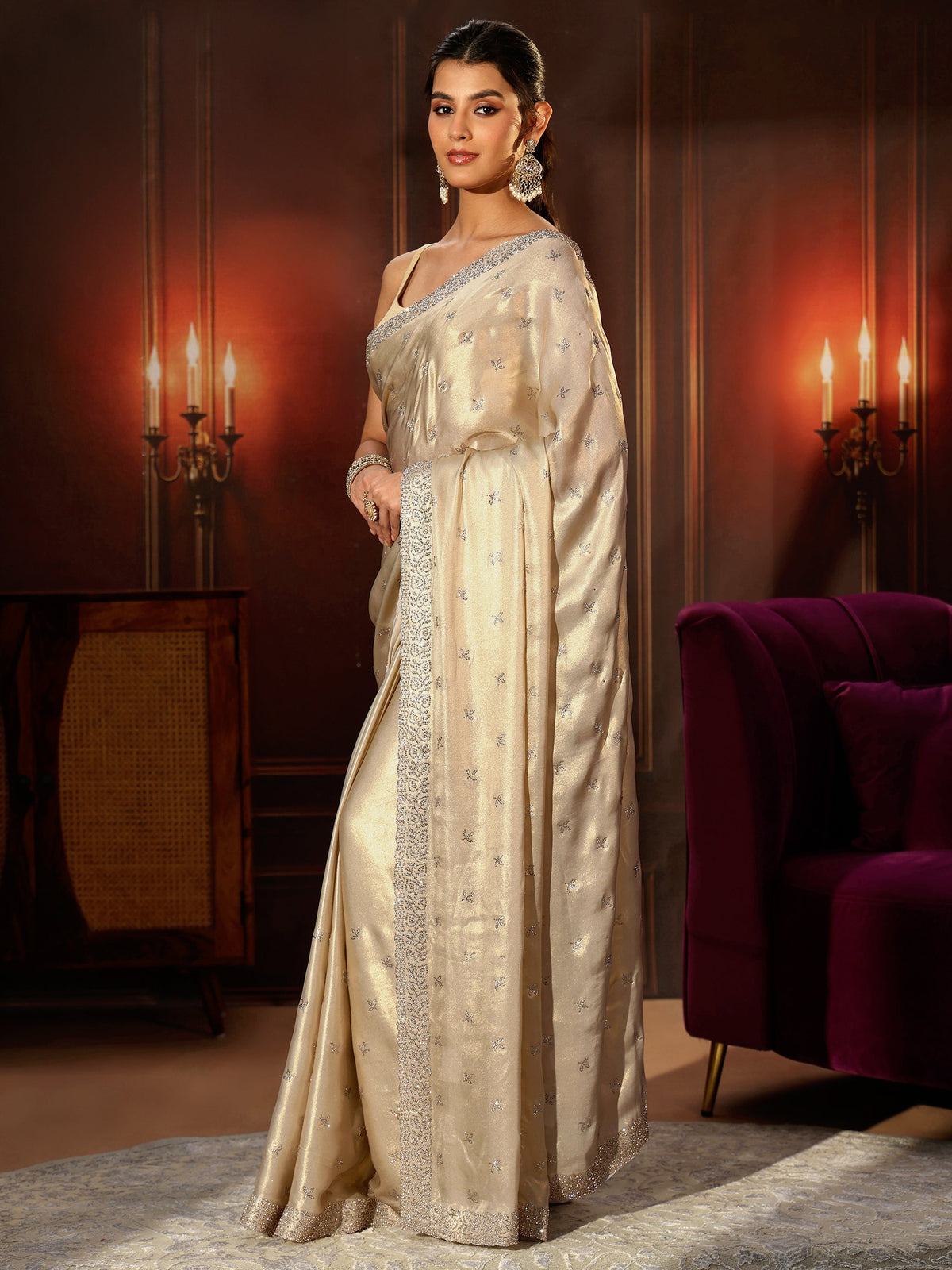 Anouk Art Cream Embellished Tissue Saree