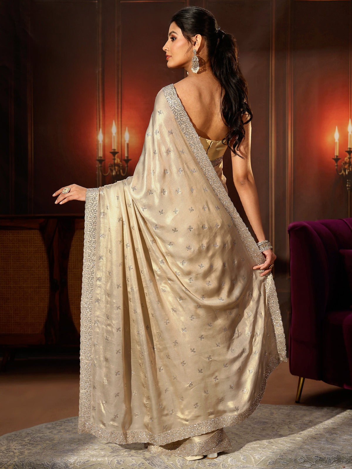 Anouk Art Cream Embellished Tissue Saree