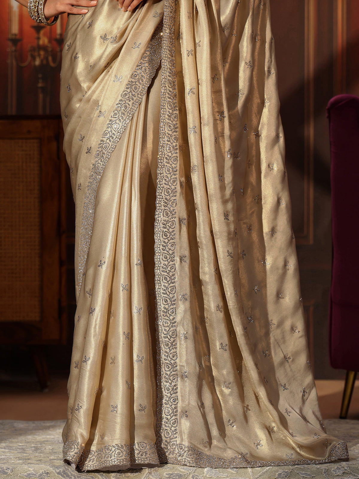 Anouk Art Cream Embellished Tissue Saree