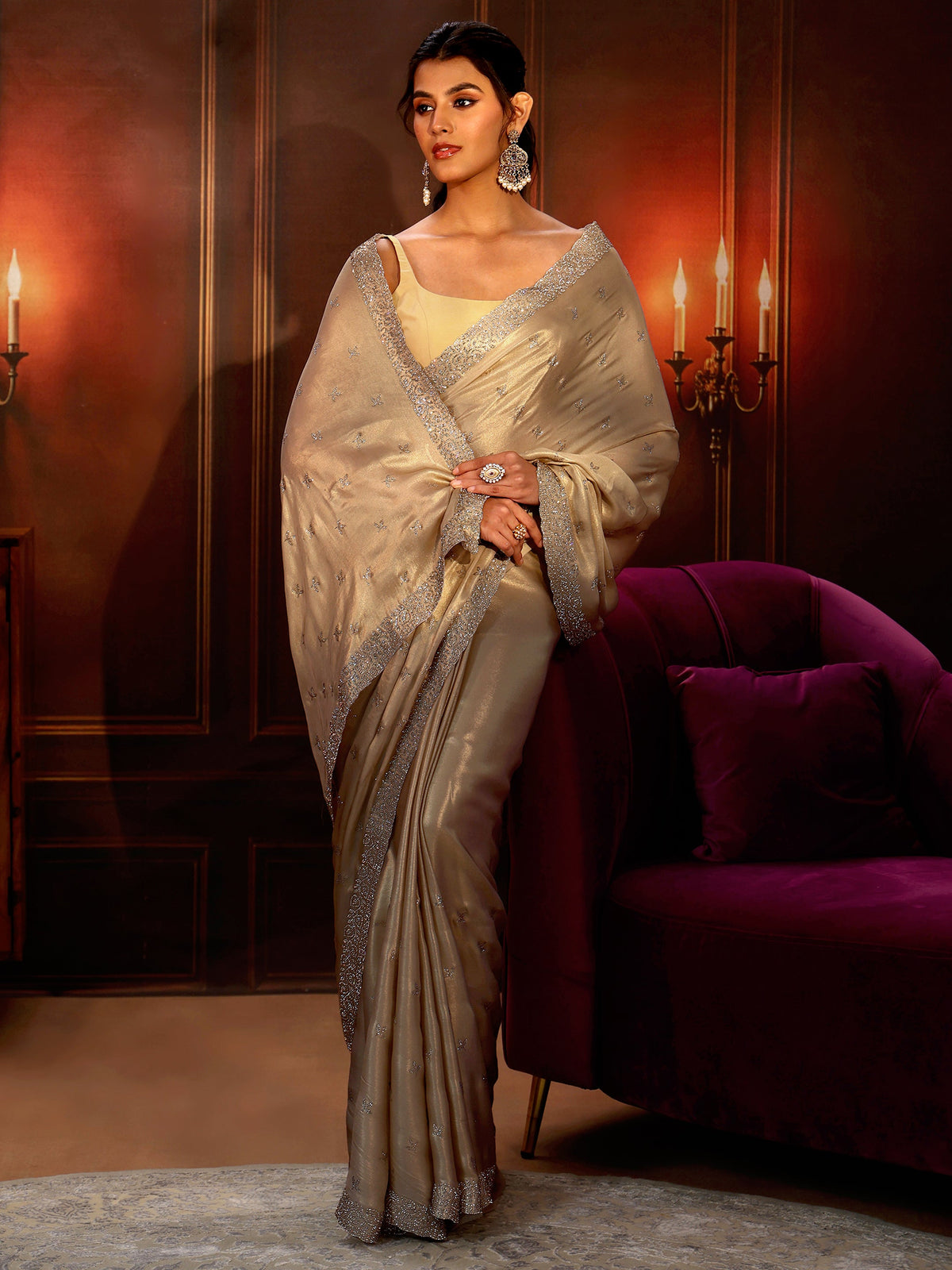 Anouk Art Cream Embellished Tissue Saree