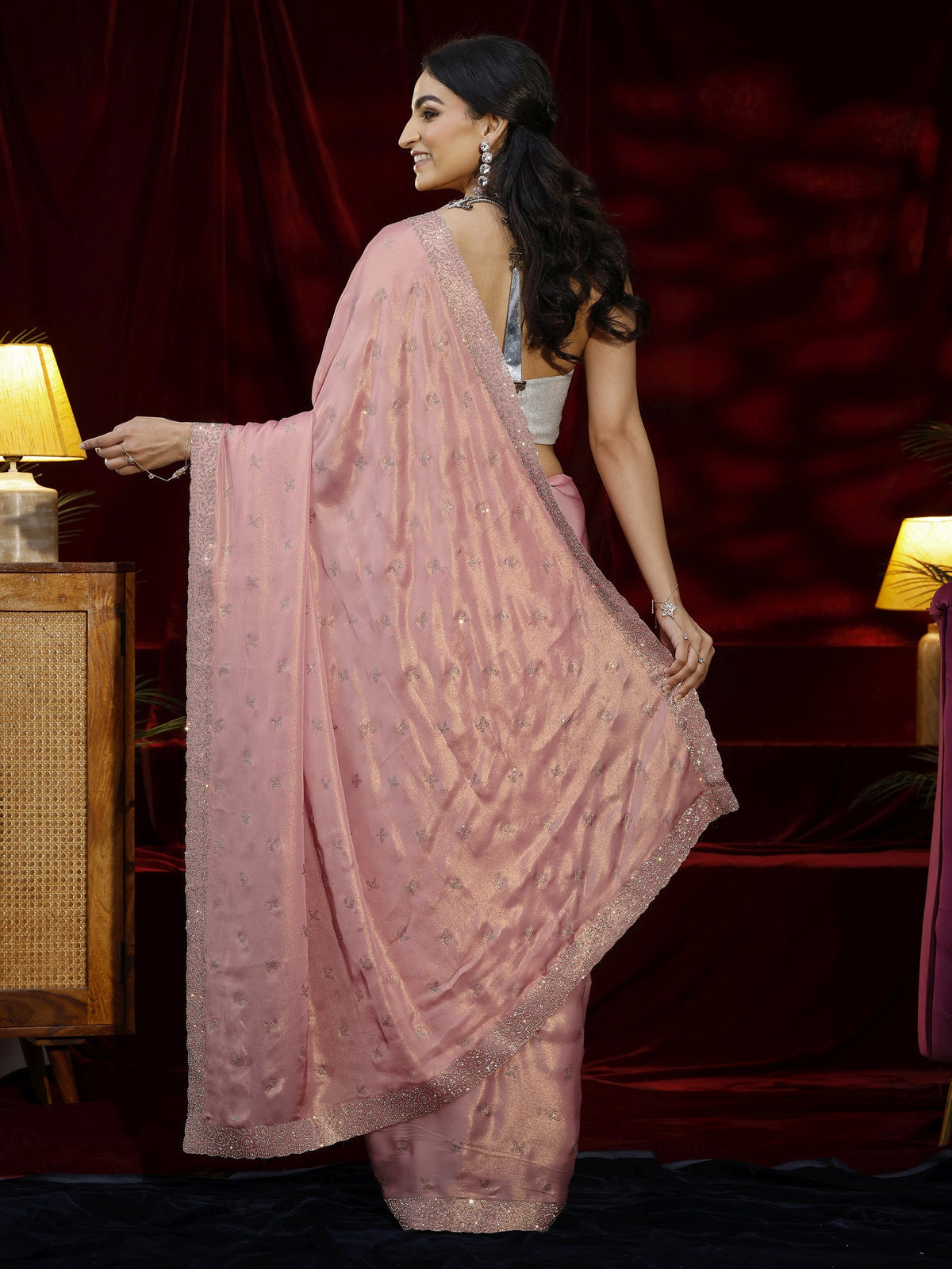 Anouk Art Pink Floral Embellished Tissue Saree