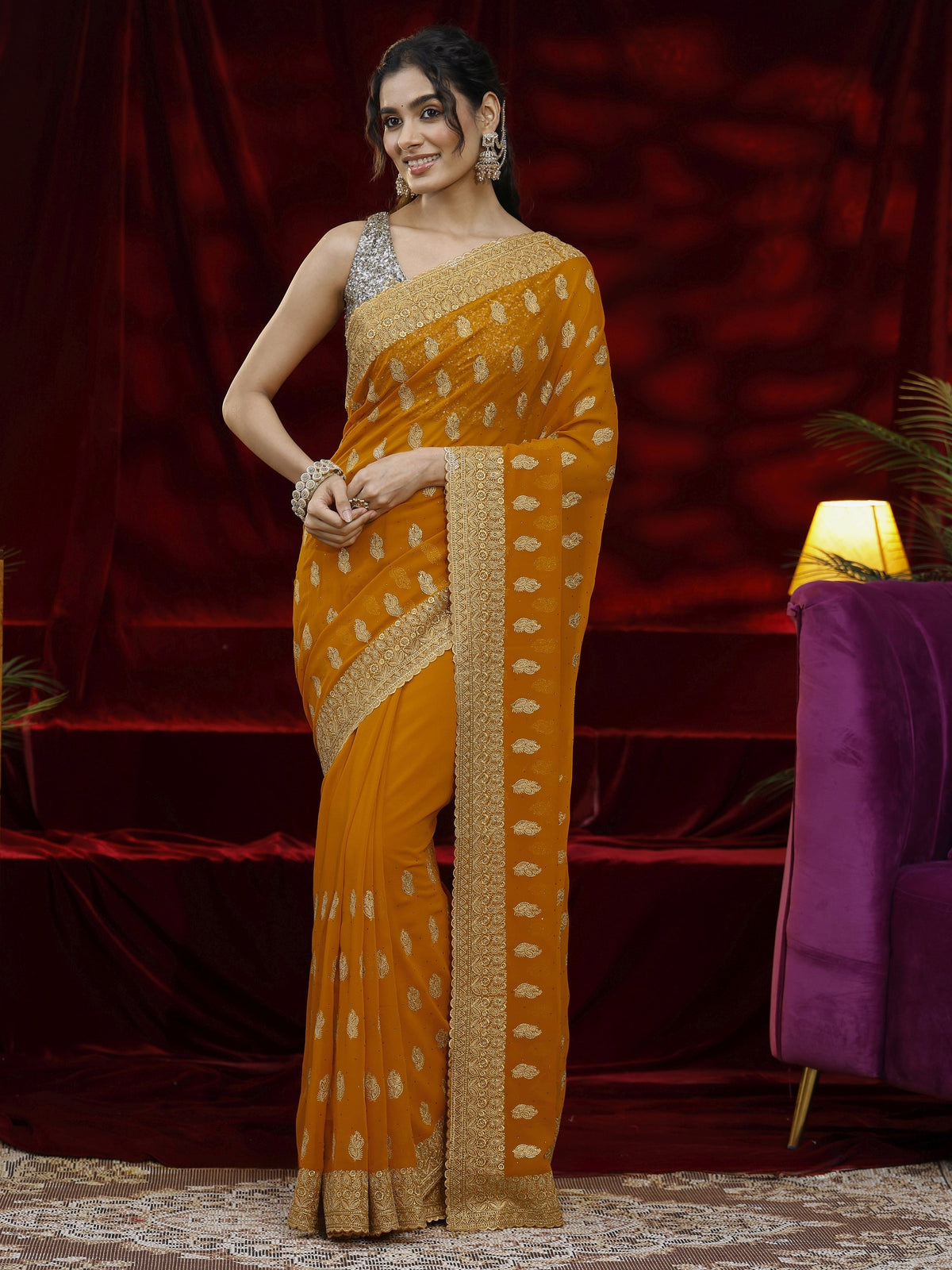 Anouk Orange Embroidered Georgette Saree