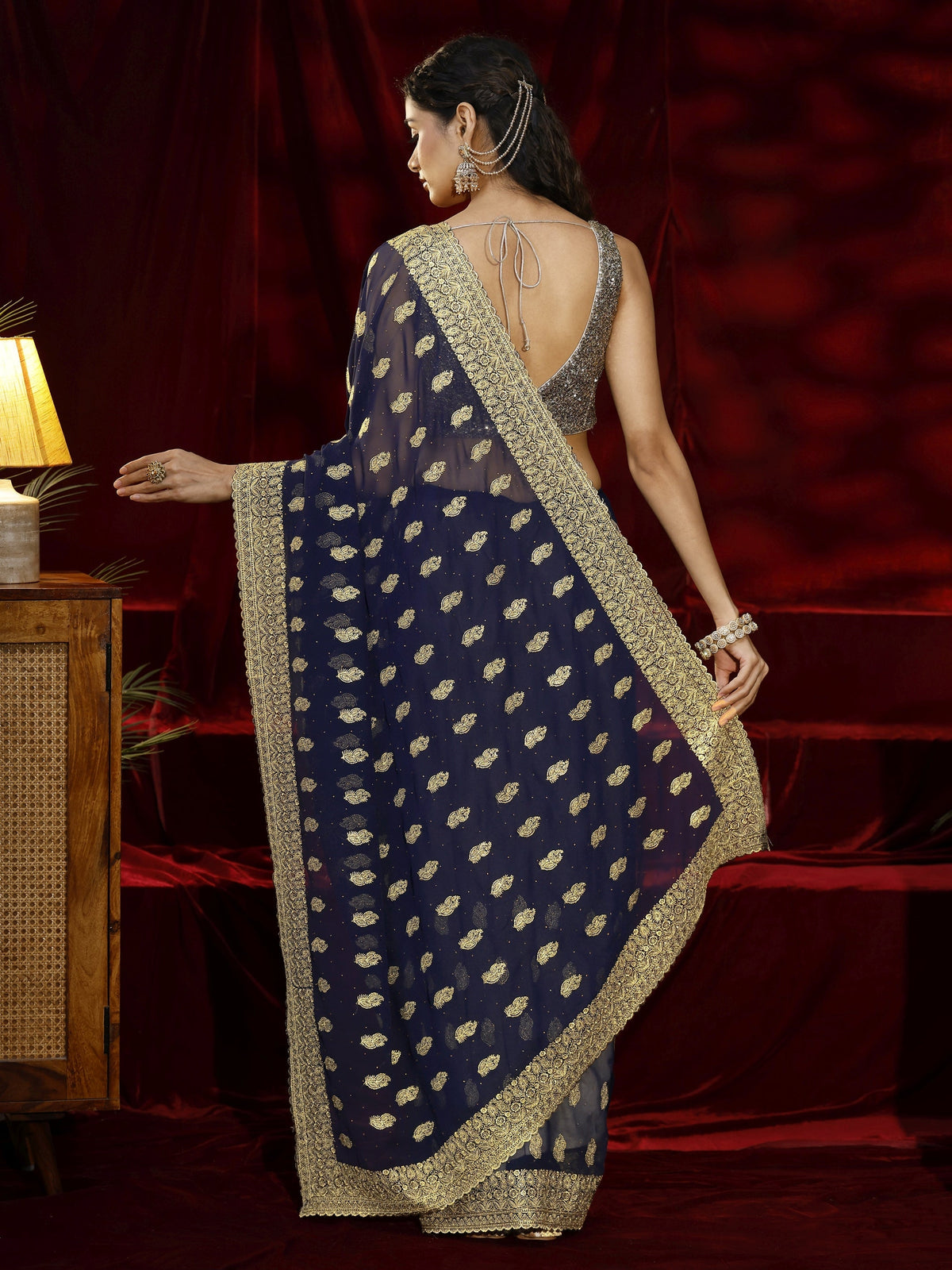 Anouk Navy blue Embroidered Georgette Saree