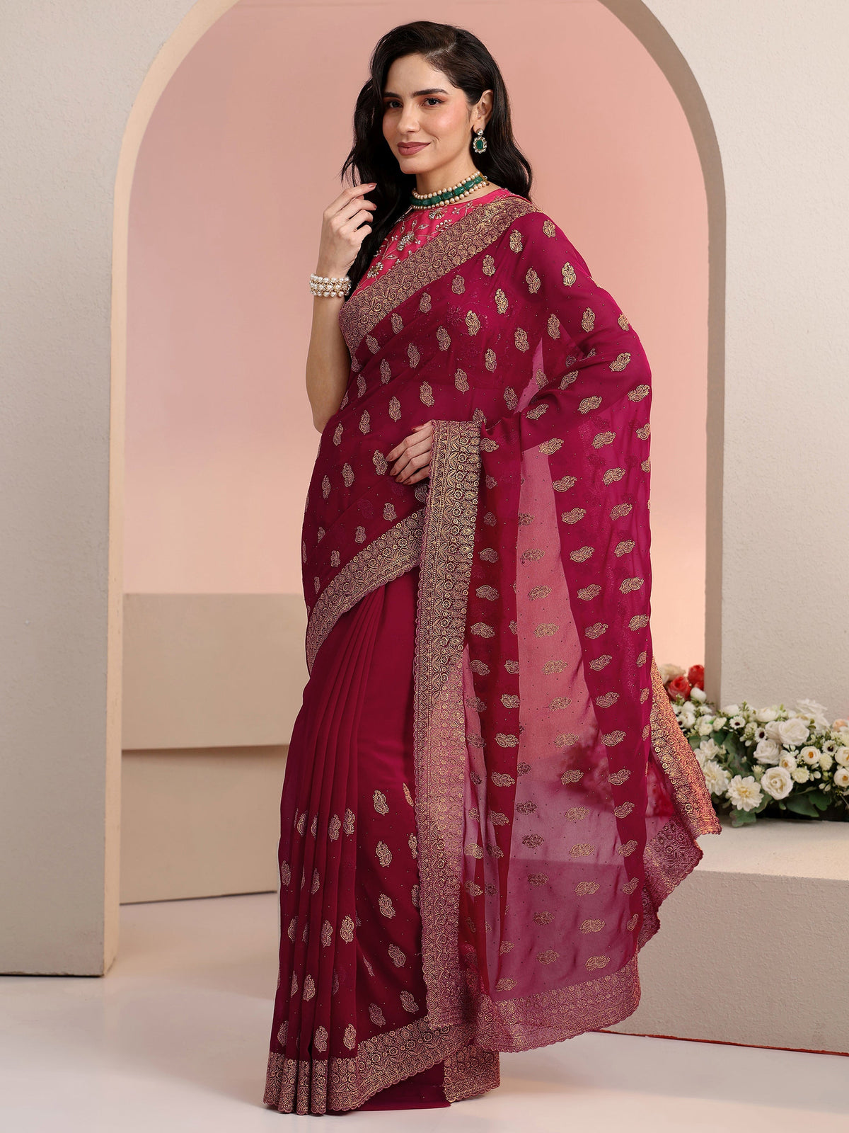 Anouk Rani Pink Embroidered Georgette Saree