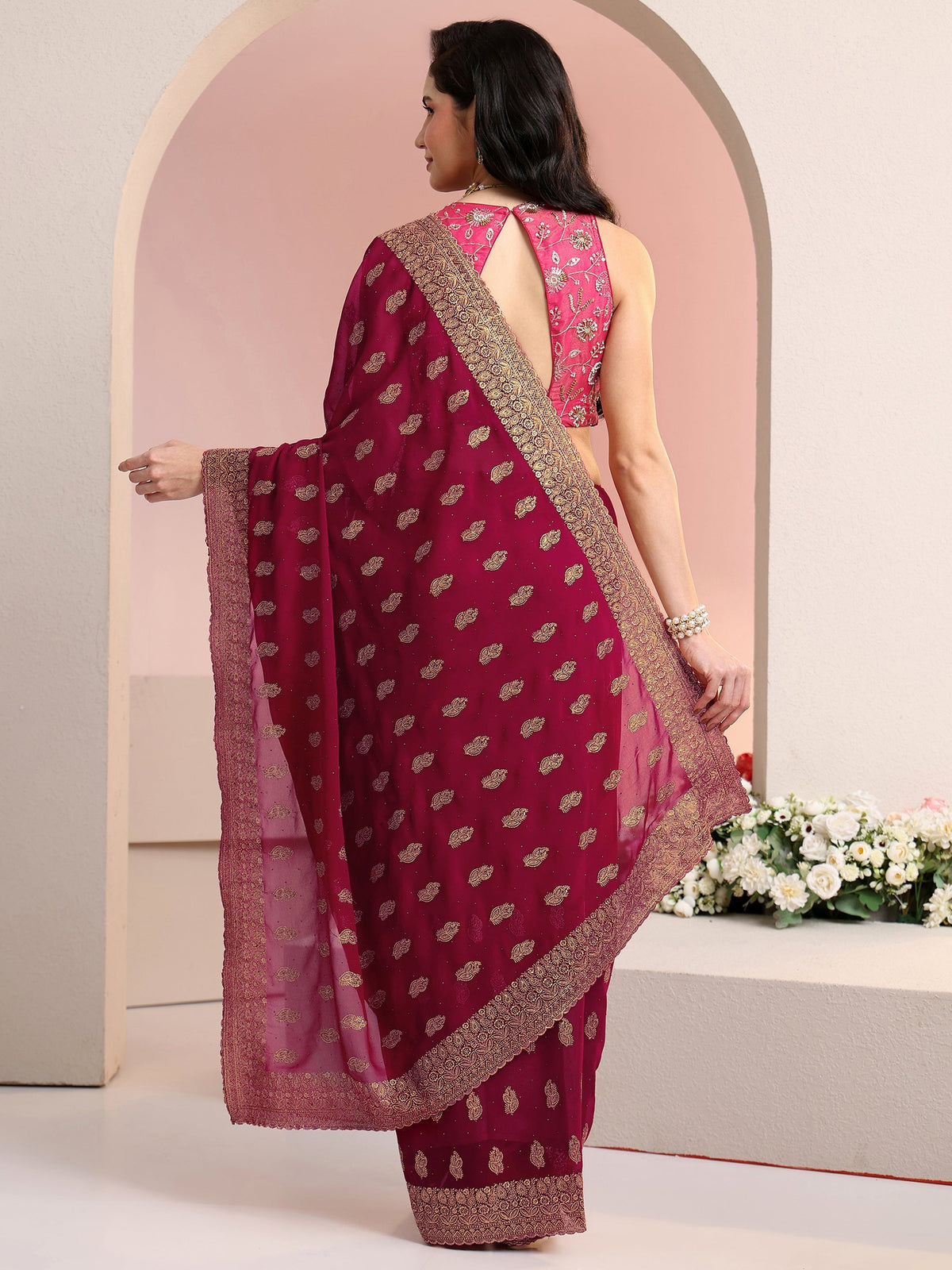 Anouk Rani Pink Embroidered Georgette Saree