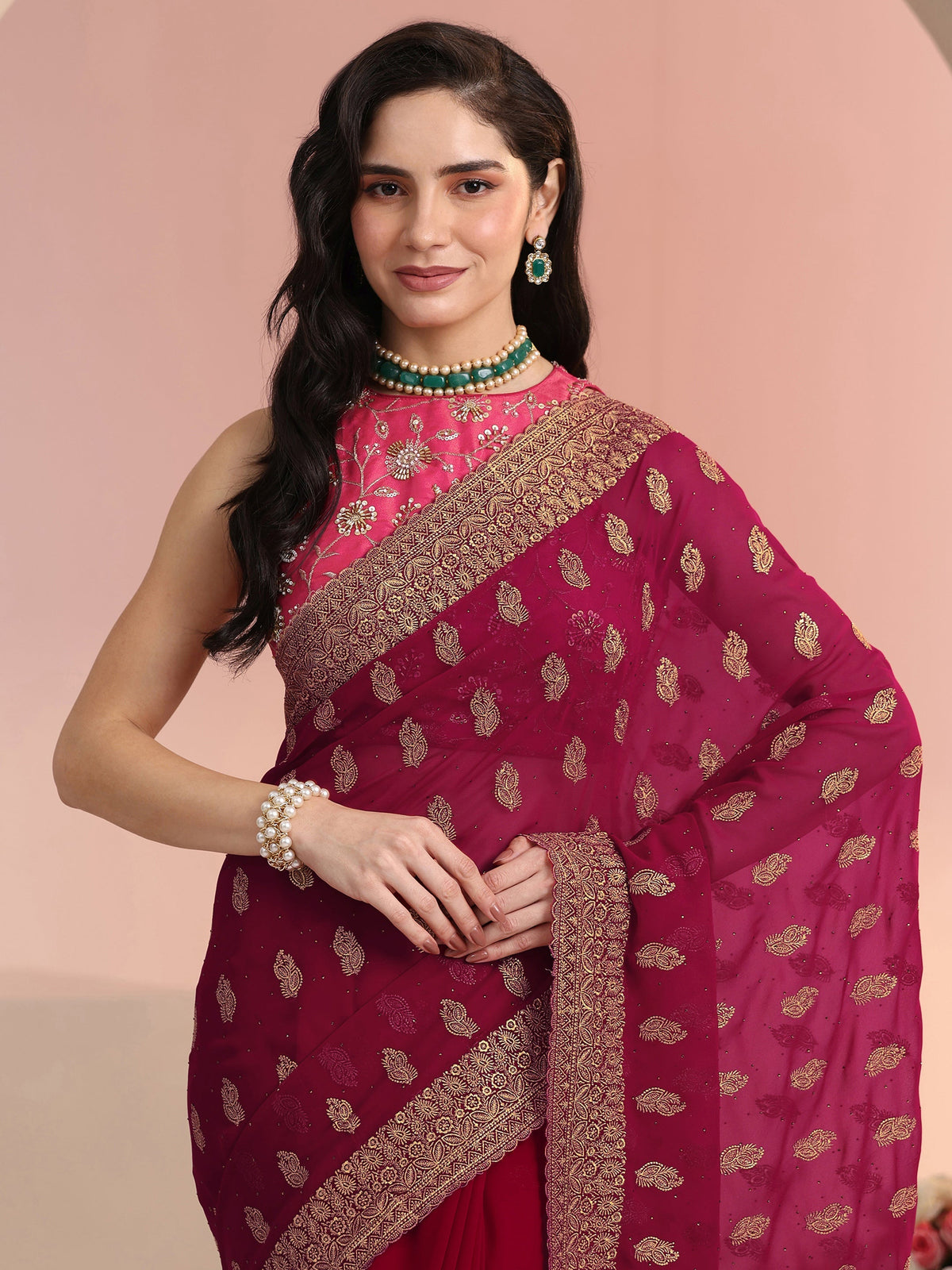 Anouk Rani Pink Embroidered Georgette Saree