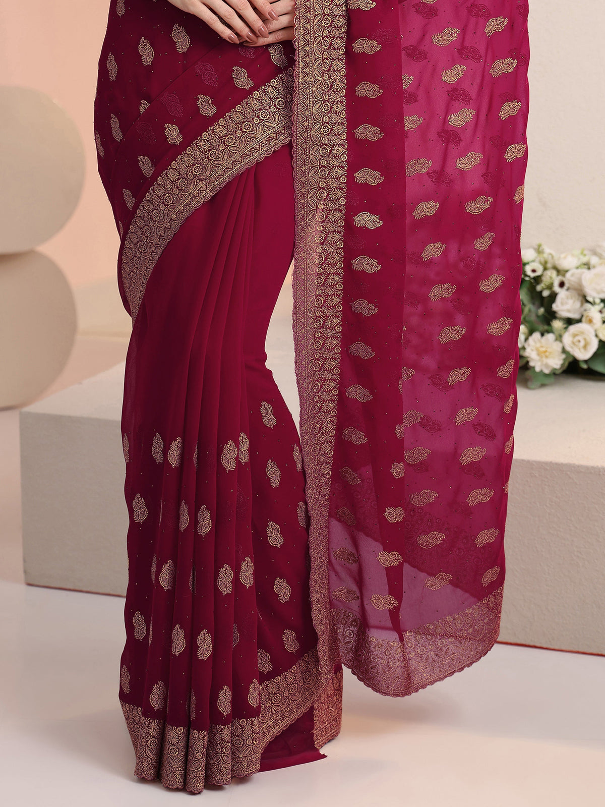 Anouk Rani Pink Embroidered Georgette Saree