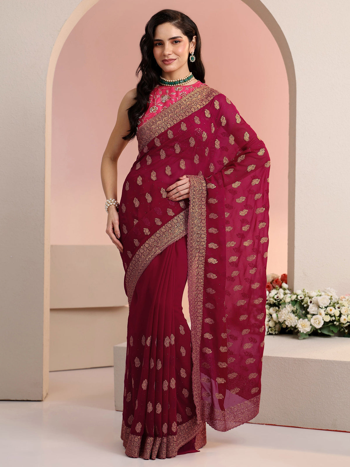 Anouk Rani Pink Embroidered Georgette Saree