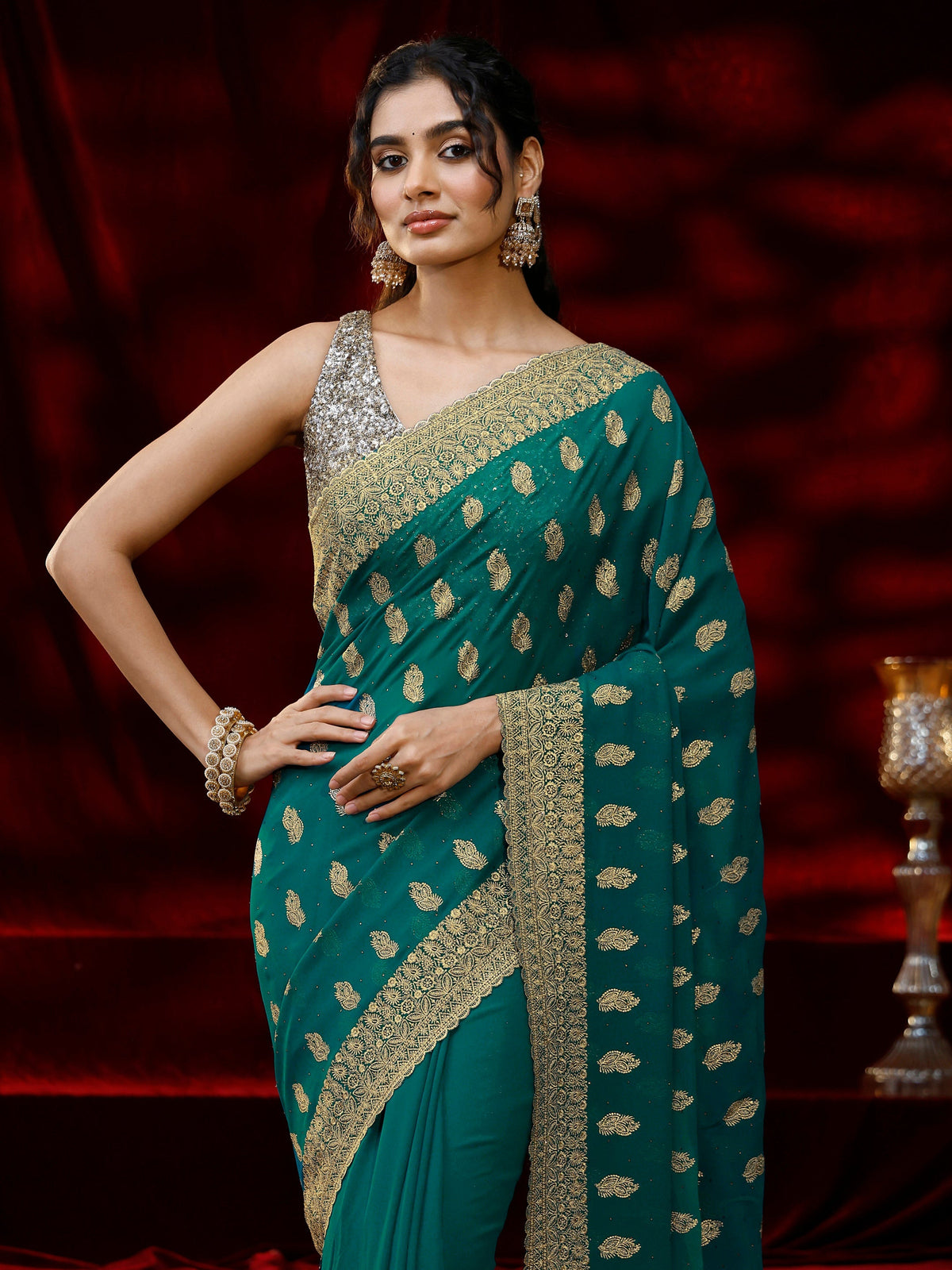 Anouk Green Embroidered Georgette Saree