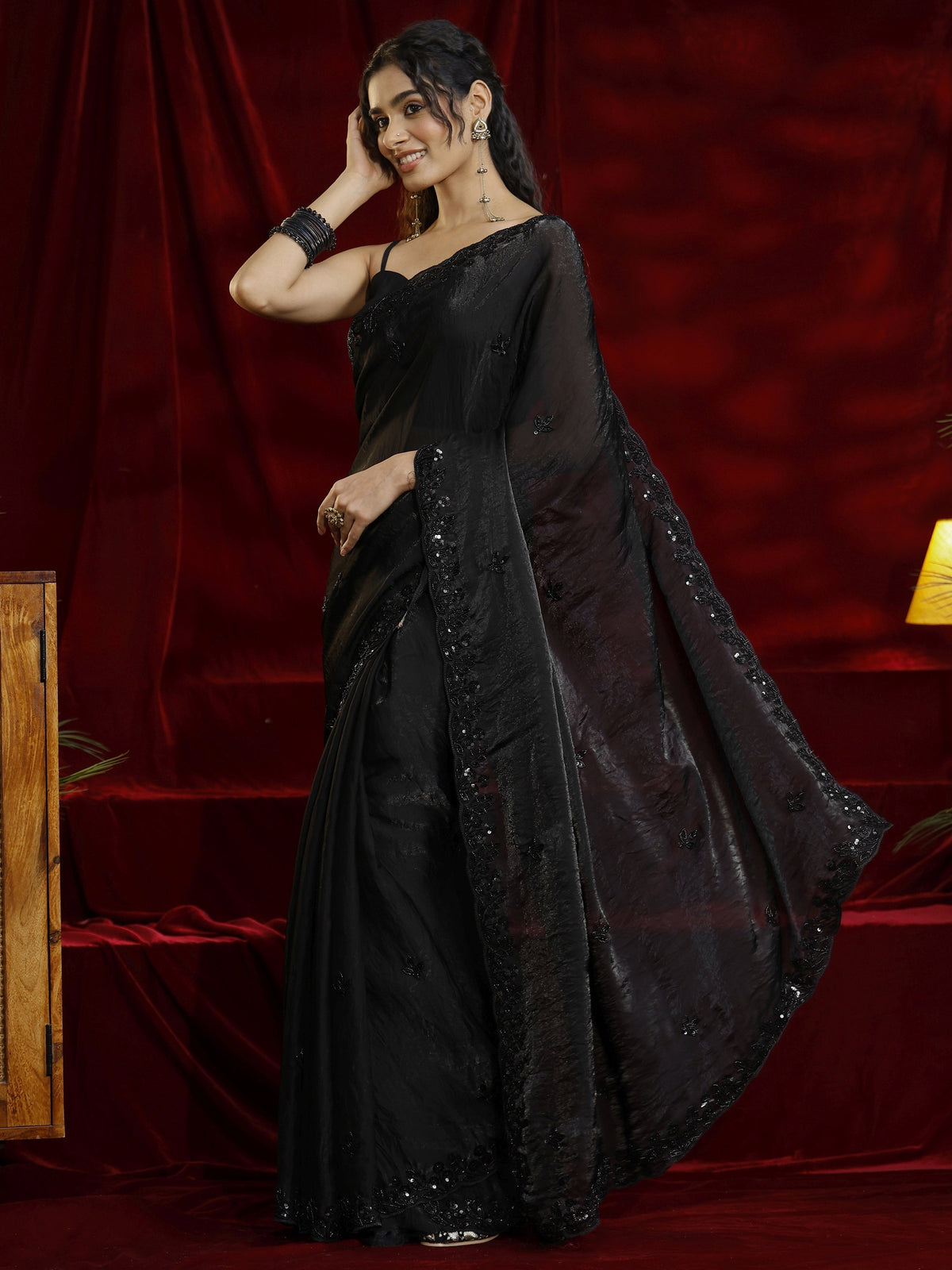 Anouk Black Floral Embellished Tissue Saree