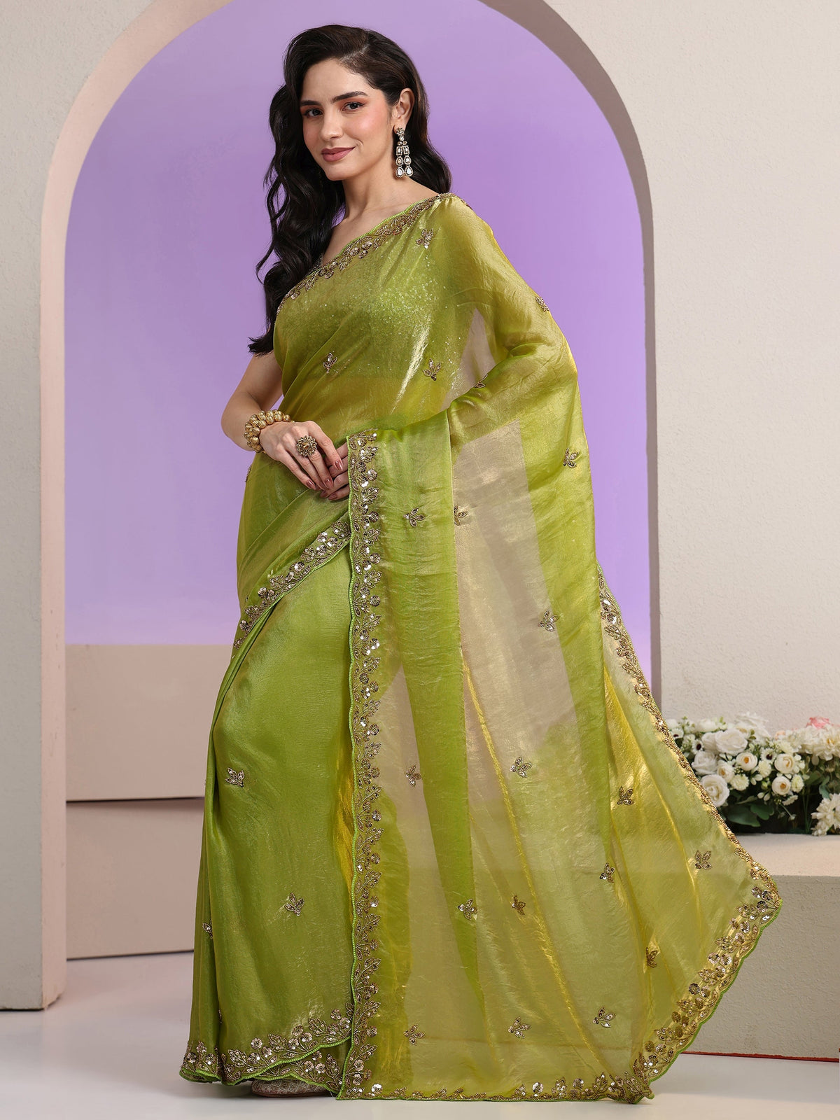 Anouk Chartreuse Green Floral Embellished Tissue Saree
