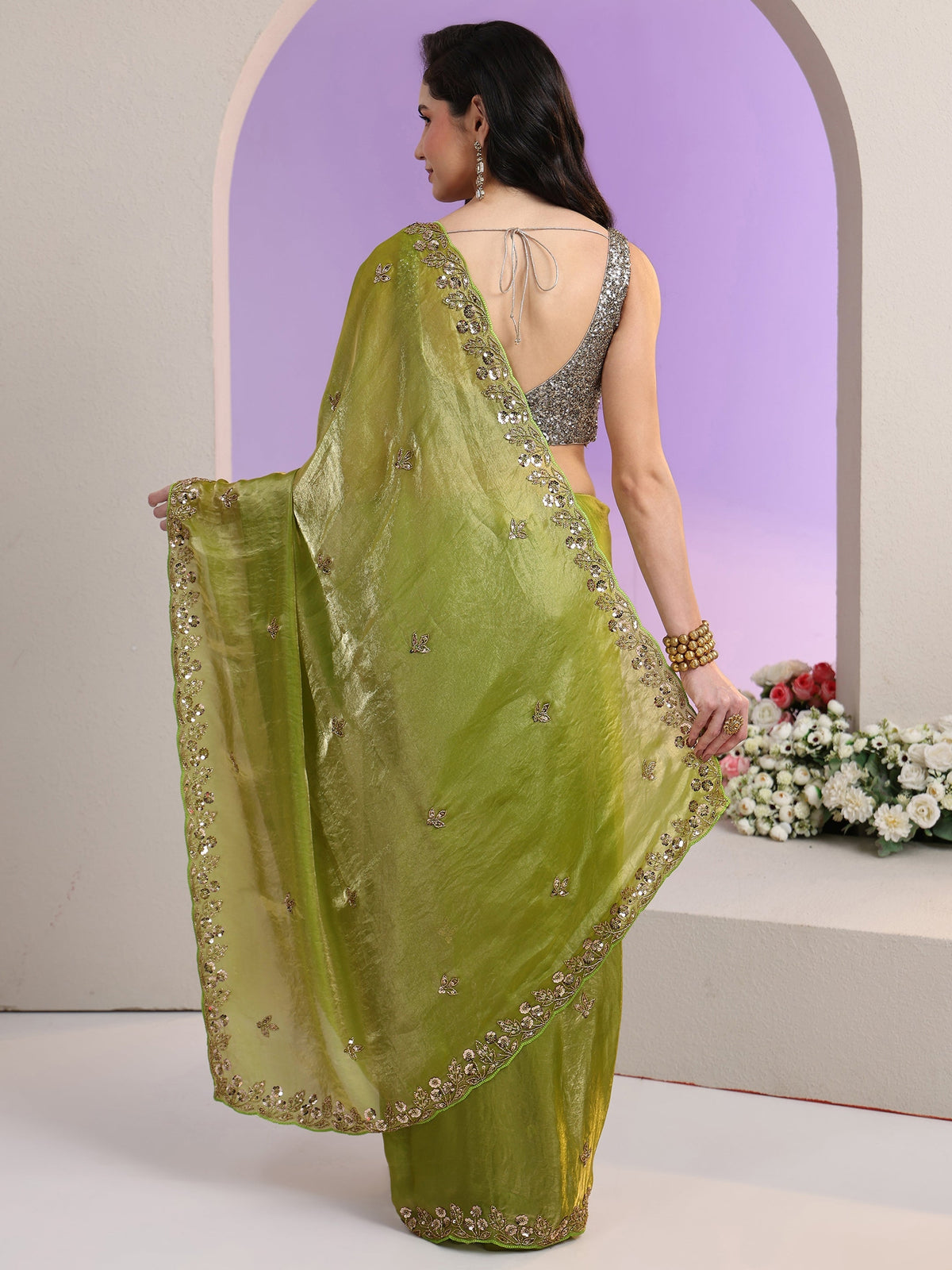 Anouk Chartreuse Green Floral Embellished Tissue Saree
