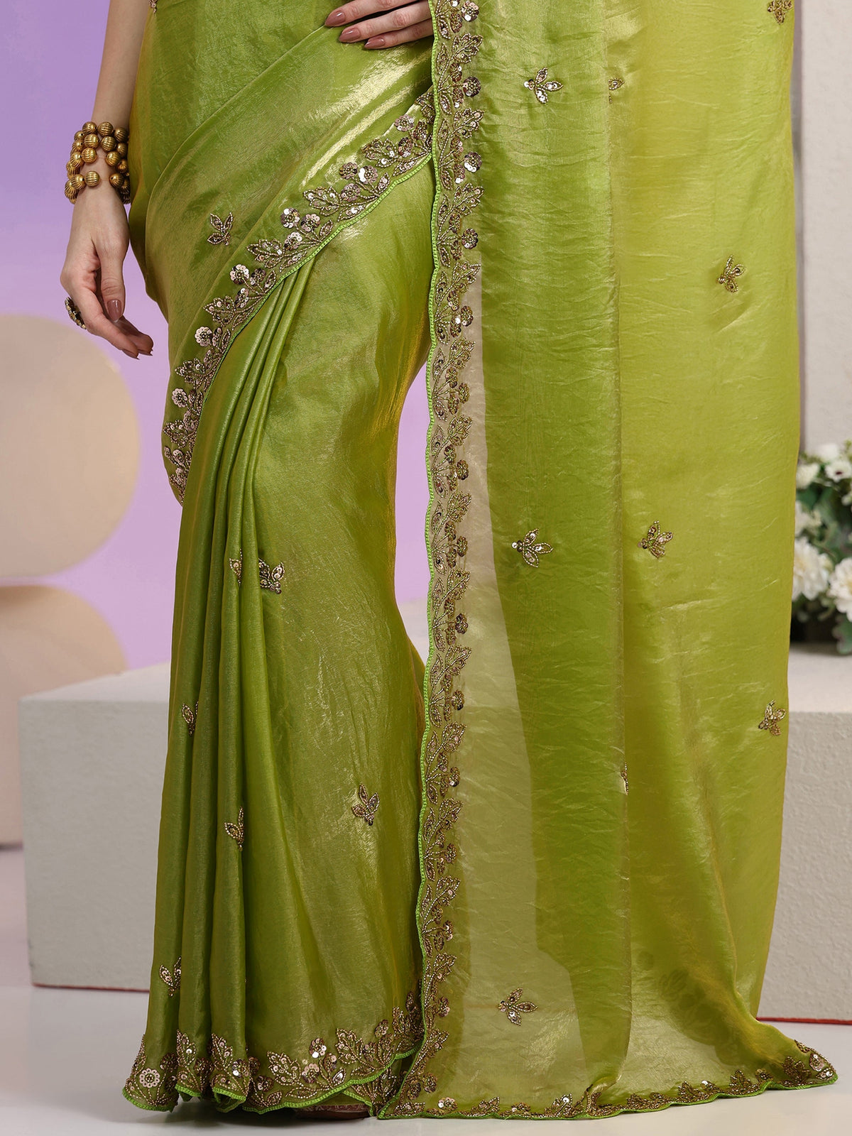 Anouk Chartreuse Green Floral Embellished Tissue Saree