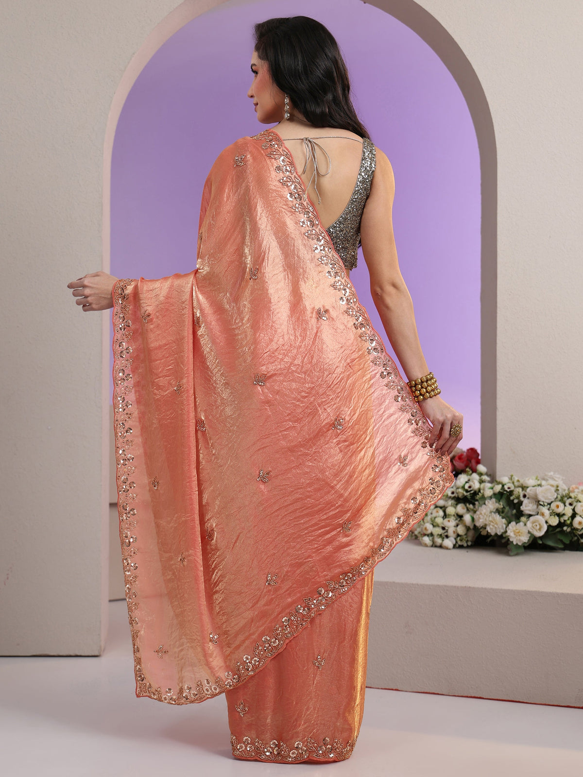 Anouk Peach Pink Floral Embellished Tissue Saree