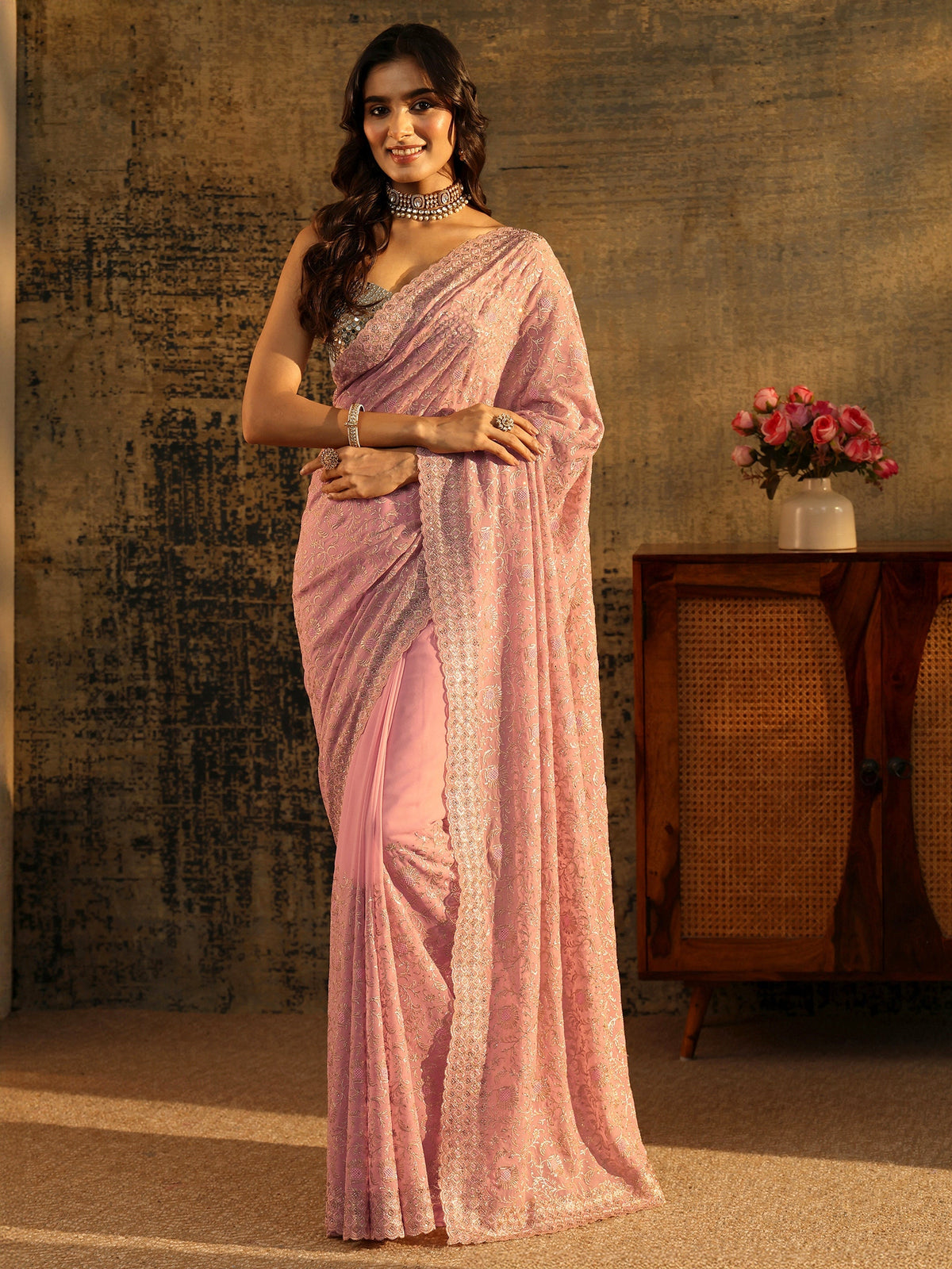 Anouk Baby Pink Floral Embroidered Georgette Saree